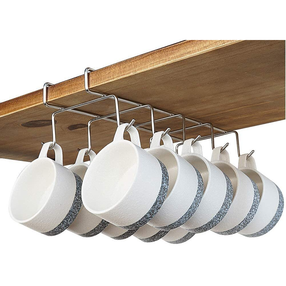Zollyss 304 Stainless Steel Under Shelf Coffee Mug Cup Holder Rack Organizer Stand For Kitchen Counter, Cabinet, Table With 10 Hooks, Pack Of 1