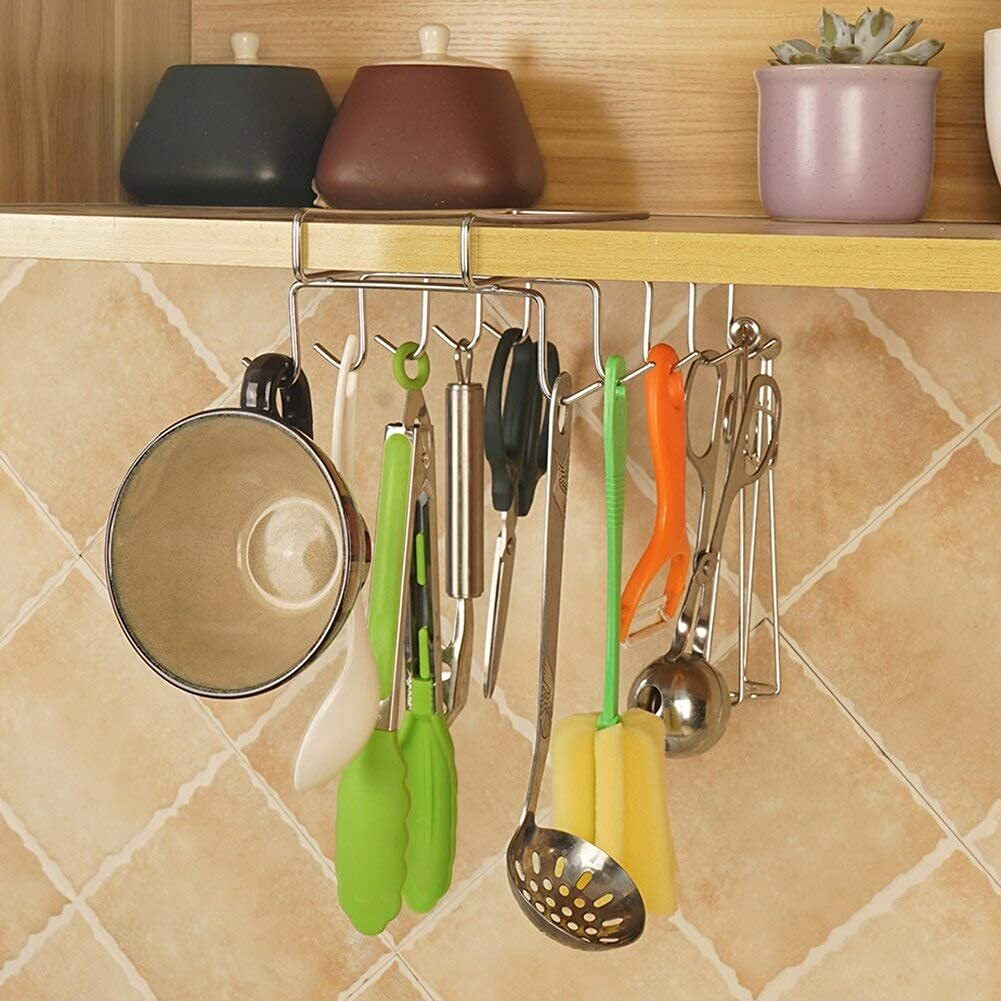 Zollyss 304 Stainless Steel Under Shelf Coffee Mug Cup Holder Rack Organizer Stand For Kitchen Counter, Cabinet, Table With 10 Hooks, Pack Of 1