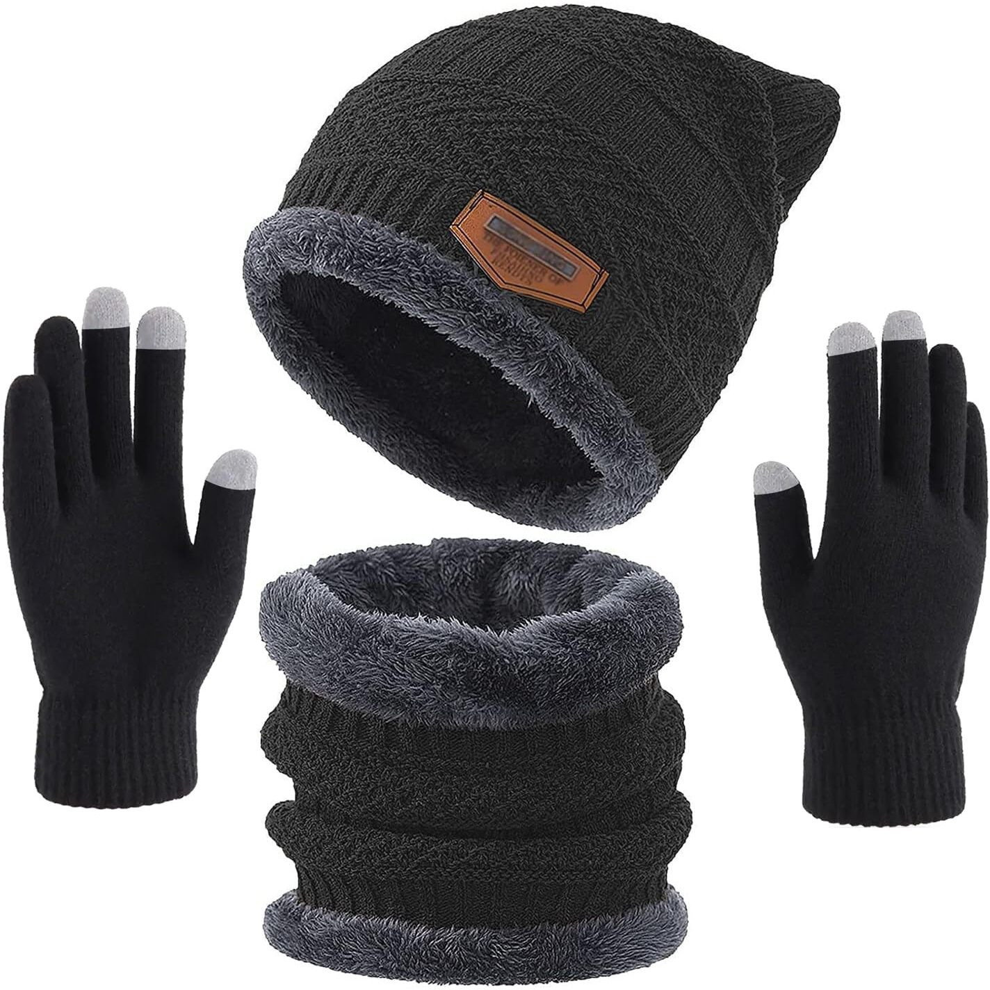 Wearslim Wool Winter Beanie Casual Style Hats Scarf Gloves Set, Winter Warm Knit Skull Cap With Gloves, Neck Warmer For Men Women - Black, Free Size