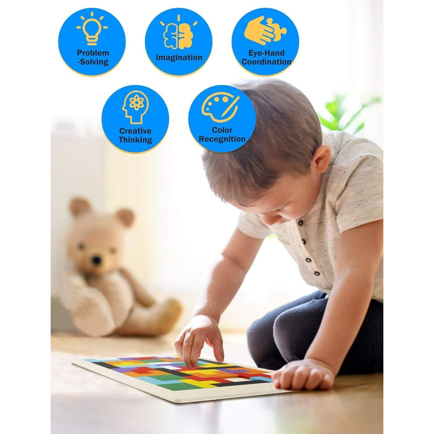 Ts With Techsun Entertain Kids Wooden Russian Blocks Tetris Puzzles For Kids, Wood Intelligence Puzzle, Brain Teasers Games Toys, Educational Gift For Kids Toddlers Ages 3-8, Building Blocks 40Pcs