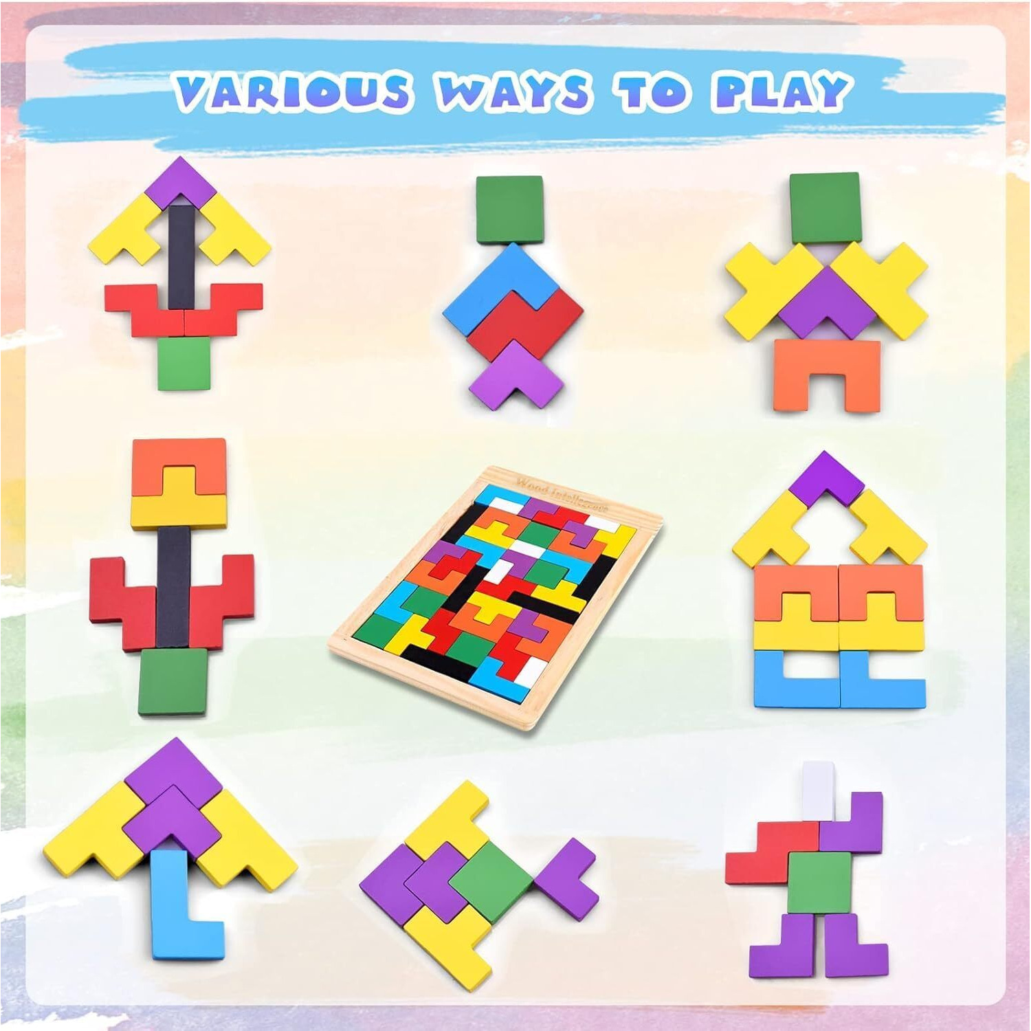 Ts With Techsun Entertain Kids Wooden Russian Blocks Tetris Puzzles For Kids, Wood Intelligence Puzzle, Brain Teasers Games Toys, Educational Gift For Kids Toddlers Ages 3-8, Building Blocks 40Pcs