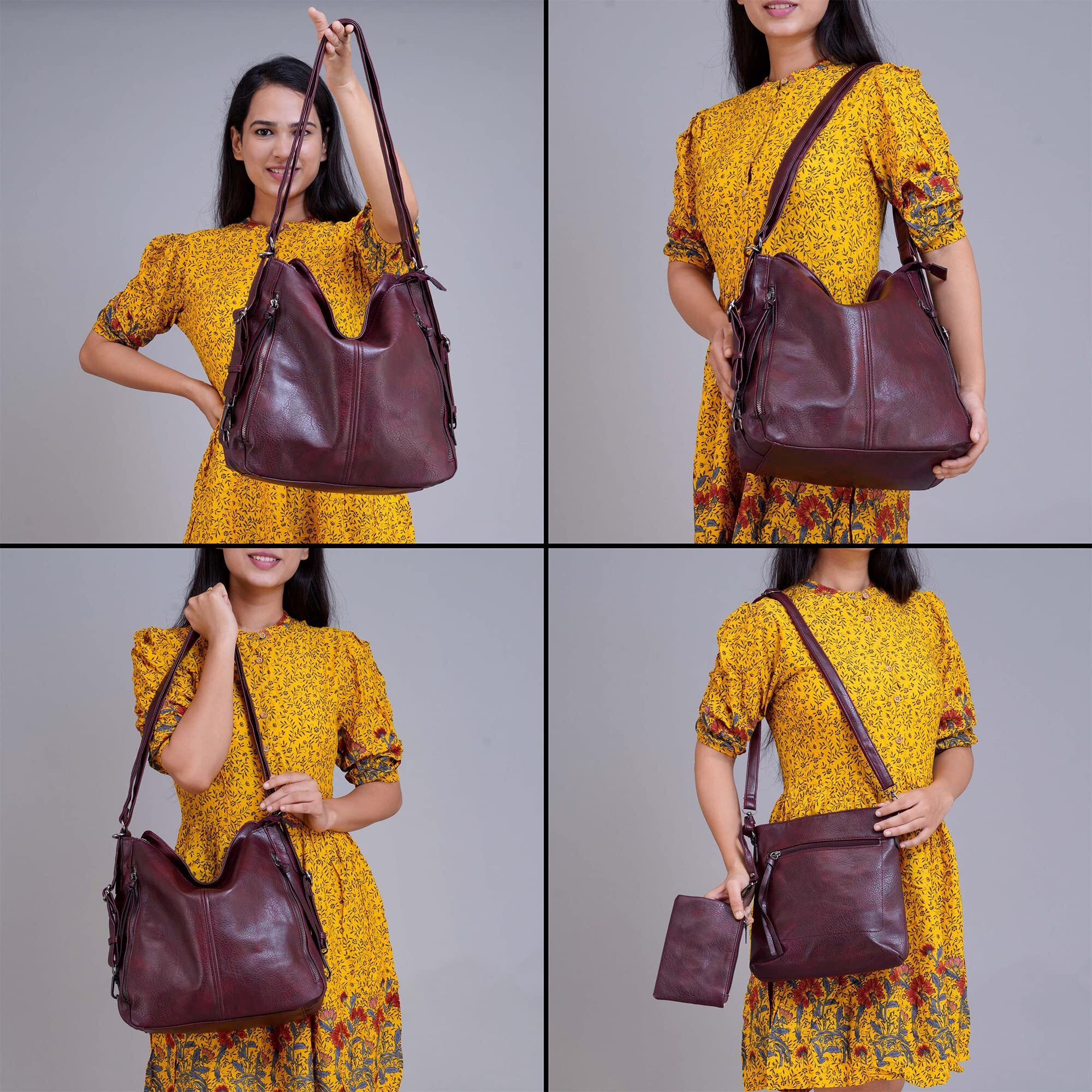 Huggi Pu Leather Hand Bag For Women | Shoulder Bags For Women With Strap & Zipper | Ladies Purse For Birthday, Anniversary, Thanks Giving | Purse And Handbag Combo (Burgundy)