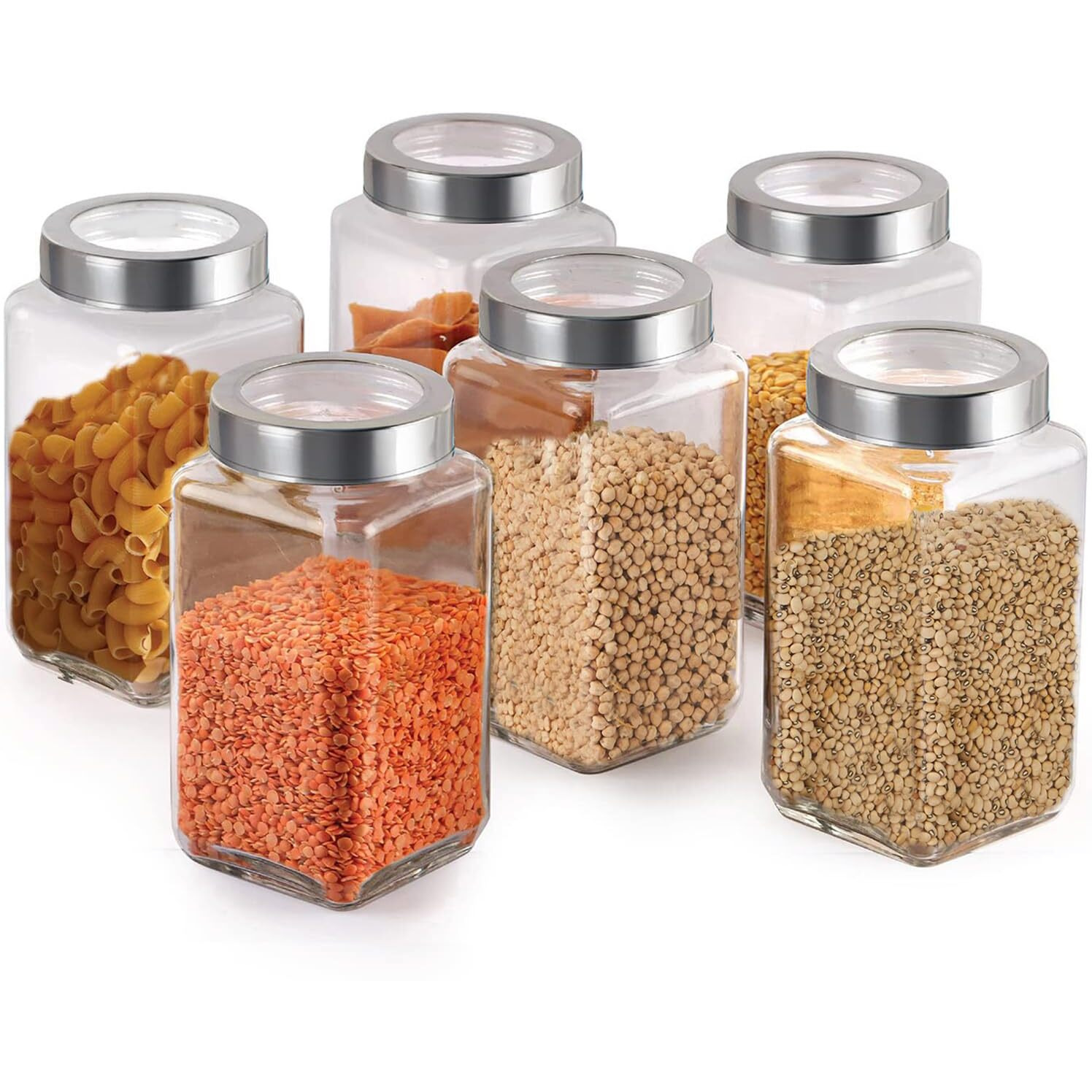 Feelopie Piramal Glass Square Clear Jars & Containers For Kitchen Pantry, Snacks, Masala, Honey, Pickles, Dry Fruits, Coffee Beans Storage With Stainless Steel Lid (Cube Jar) (1000Ml, Set Of 6)
