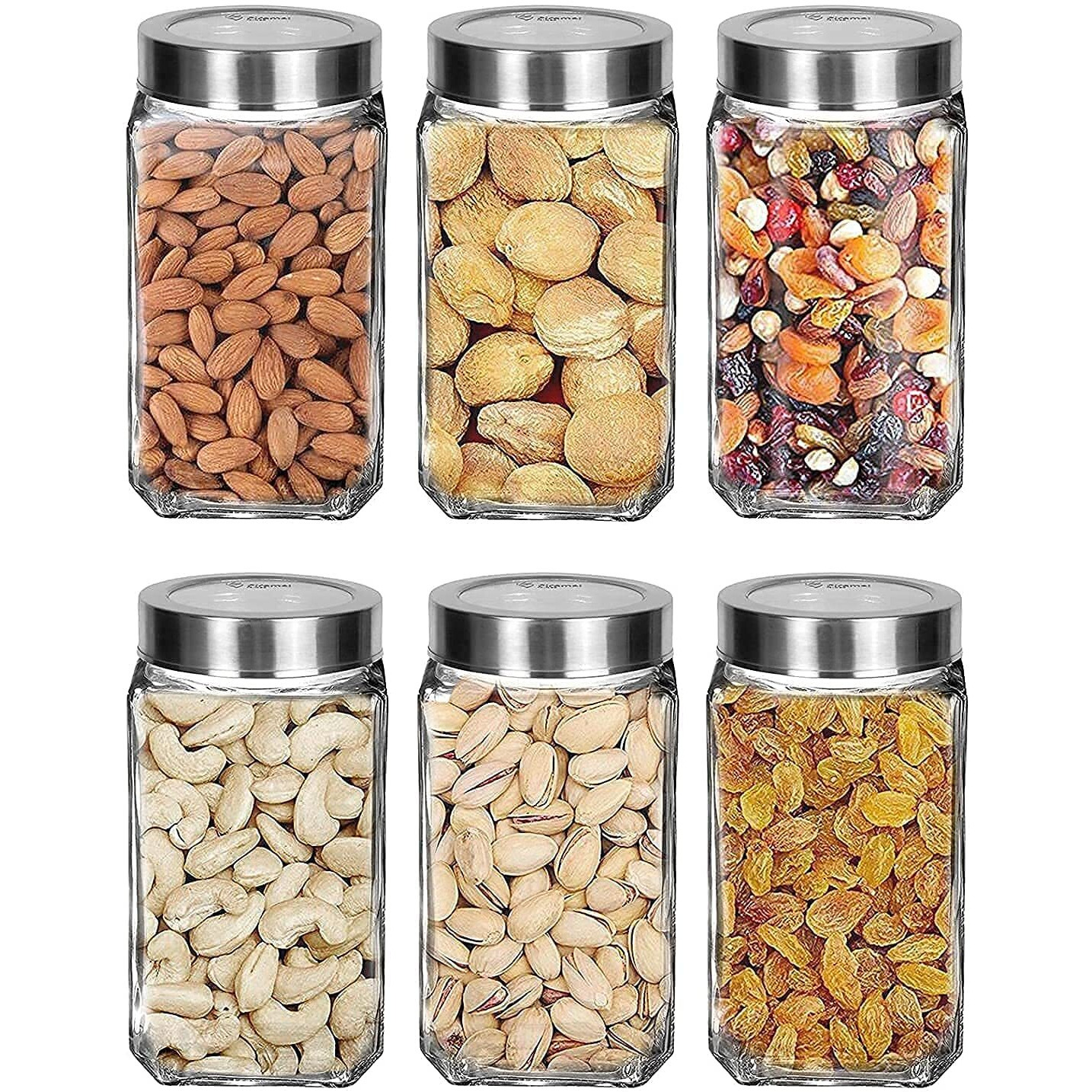 Feelopie Piramal Glass Square Clear Jars & Containers For Kitchen Pantry, Snacks, Masala, Honey, Pickles, Dry Fruits, Coffee Beans Storage With Stainless Steel Lid (Cube Jar) (1000Ml, Set Of 6)