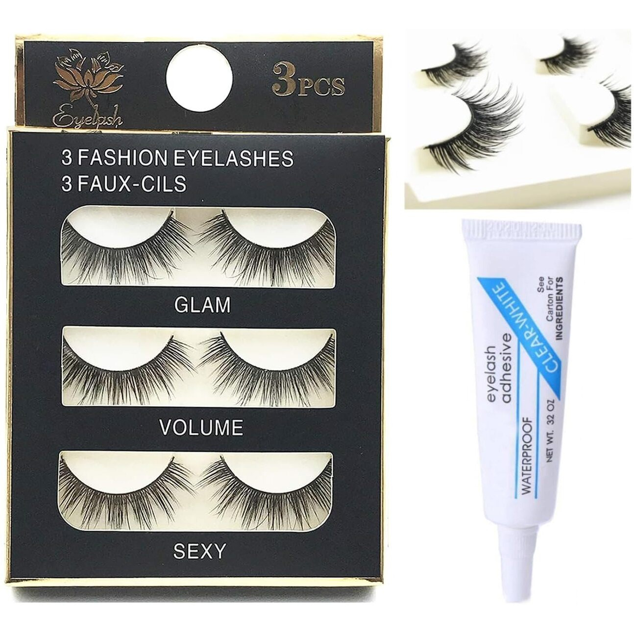 Huda Girl Eye Lashes For Women - Black Handmade Natural Thick Long Polyester, 3 Pairs False Eyelashes With Eyelash Glue - Empathetic Reusable Extensions For Womens, Girls - Eyelash With Glue Set
