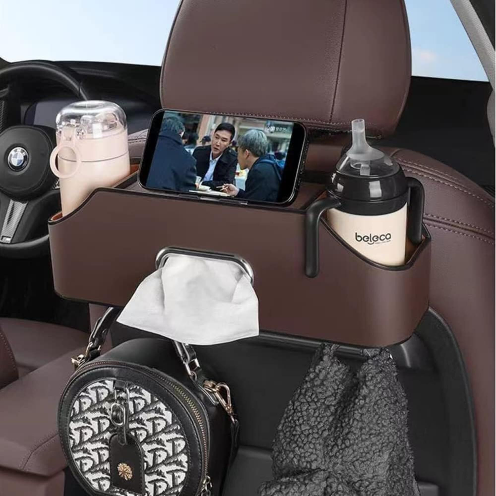 Homeessentials Car Headrest Backseat Organizer With Cup Holder, Backseat Storage Box Cup Drink Holders, Tissue Box & Phone Mount Bottle Cellphones Coffee Coasters Wallet Cards (Brown)