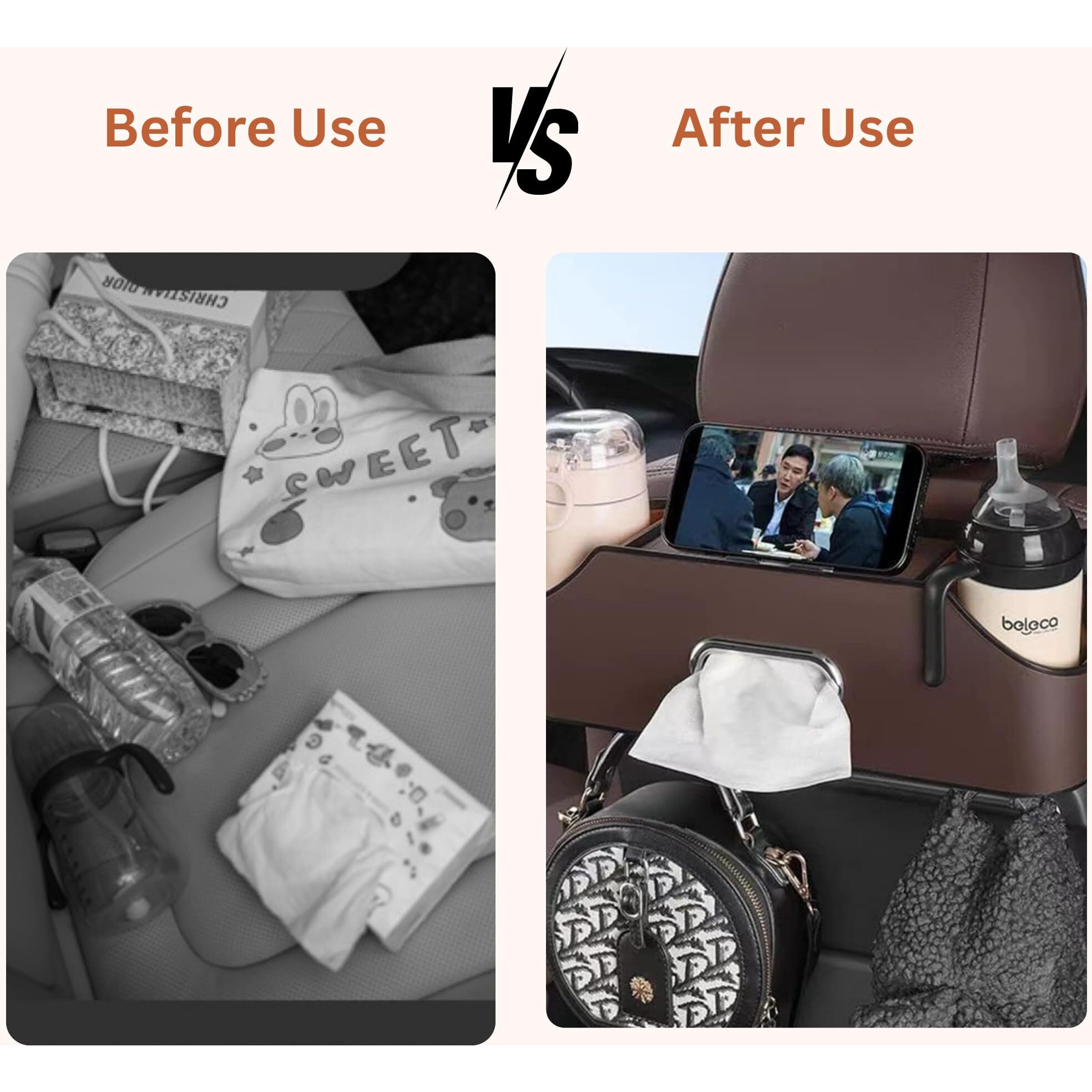 Homeessentials Car Headrest Backseat Organizer With Cup Holder, Backseat Storage Box Cup Drink Holders, Tissue Box & Phone Mount Bottle Cellphones Coffee Coasters Wallet Cards (Brown)