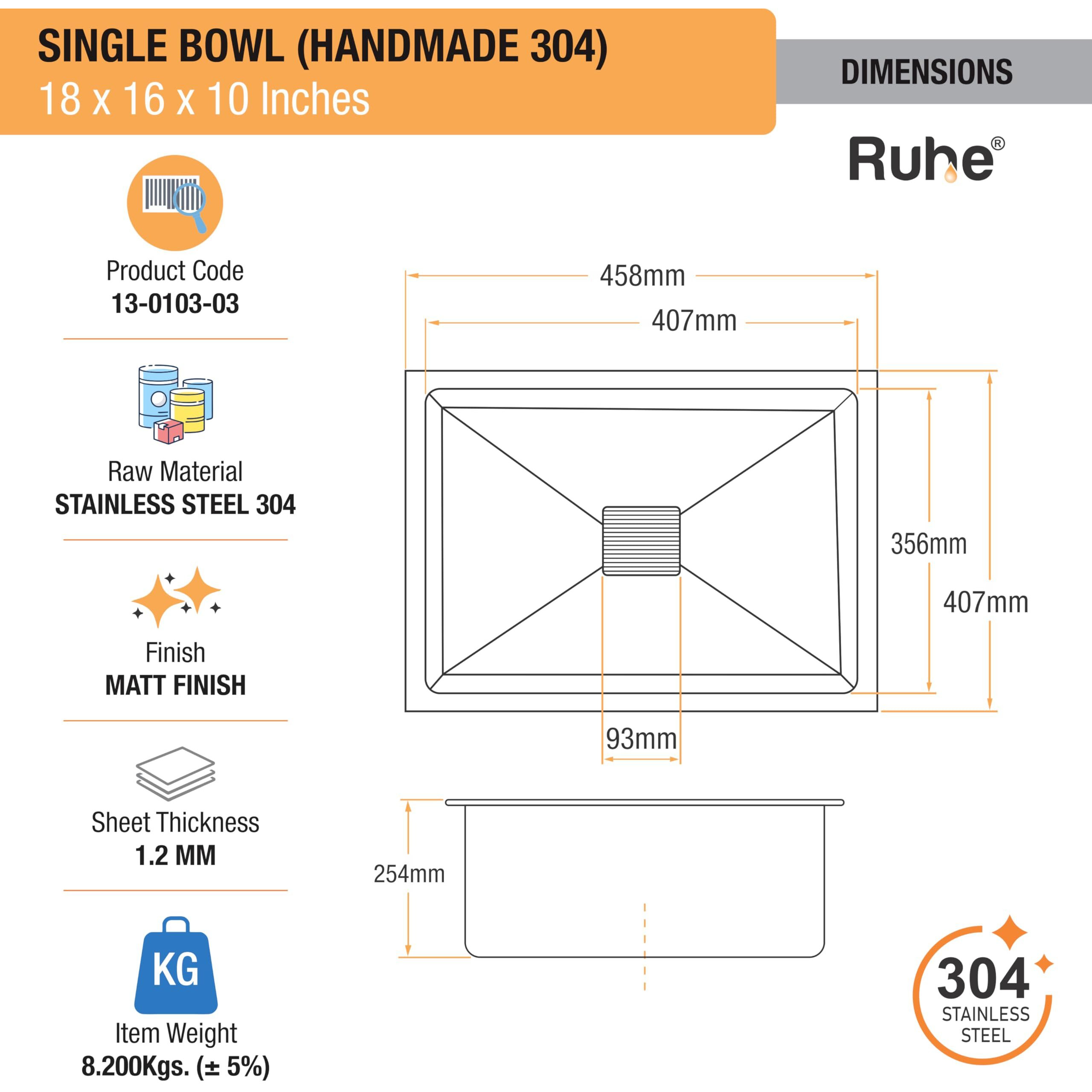 Ruhe 304 Grade Stainless Steel Handmade Single Bowl Kitchen Sink | 18 X 16 X 10 Inches | With Brushed Matte Finish | Including Strainer-Basket/Sink Coupling/Waste Pipe
