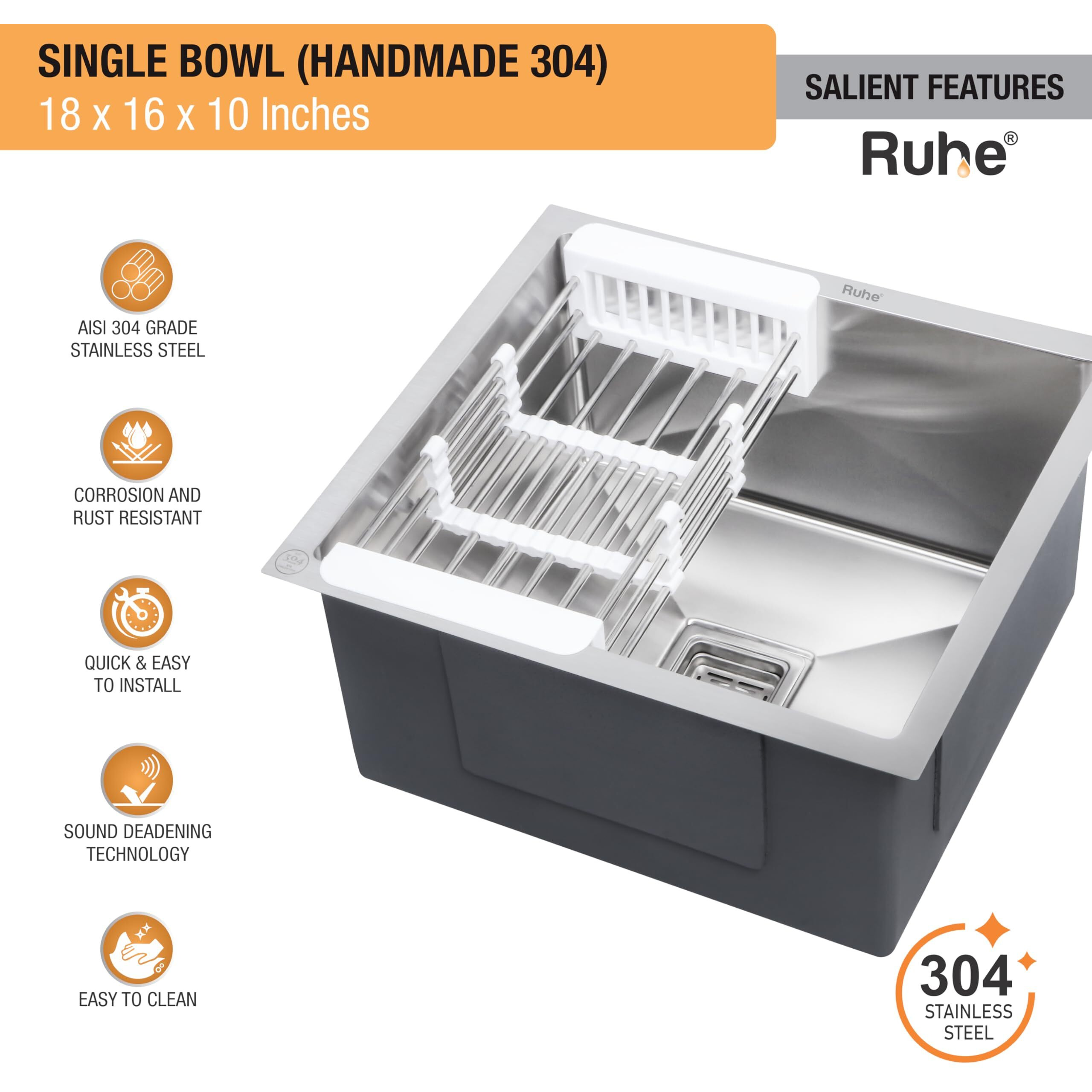 Ruhe 304 Grade Stainless Steel Handmade Single Bowl Kitchen Sink | 18 X 16 X 10 Inches | With Brushed Matte Finish | Including Strainer-Basket/Sink Coupling/Waste Pipe