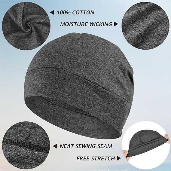 Paropkar 100% Cotton Lycra Skull Caps Lightweight Beanie Sleep Hats Breathable Helmet Liner Cap Cycling Hat Cap For Men And Women (Black Dark Grey)