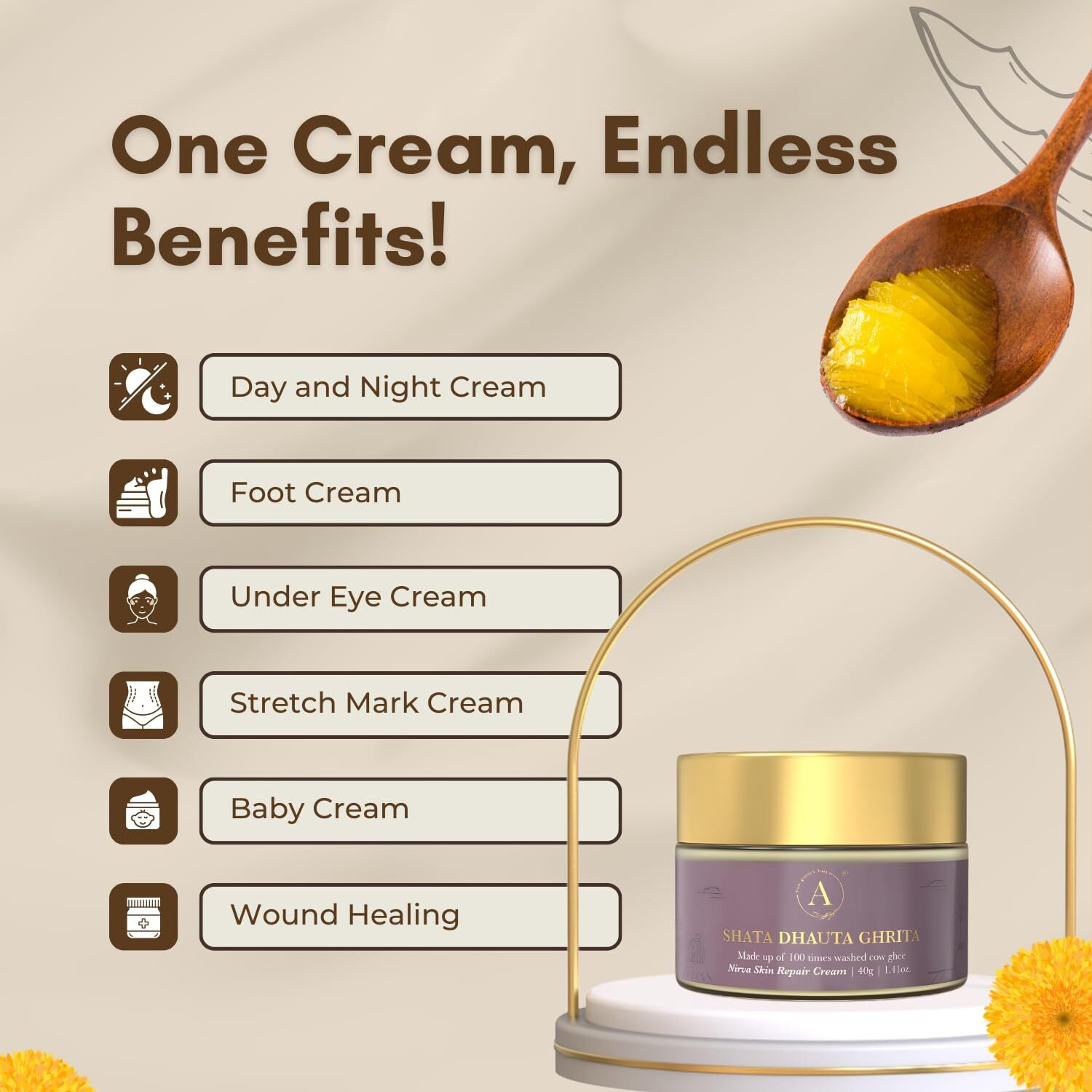 Adhyay | Shata Dhauta Ghrita Skin Renewal Cream | Nourishing Hydrating & Age-Defying Ayurvedic Formula | Wrinkle Repair & Skincare | Infused With 100 Times Washed Cow Ghee & Marigold Extracts | 40Gm