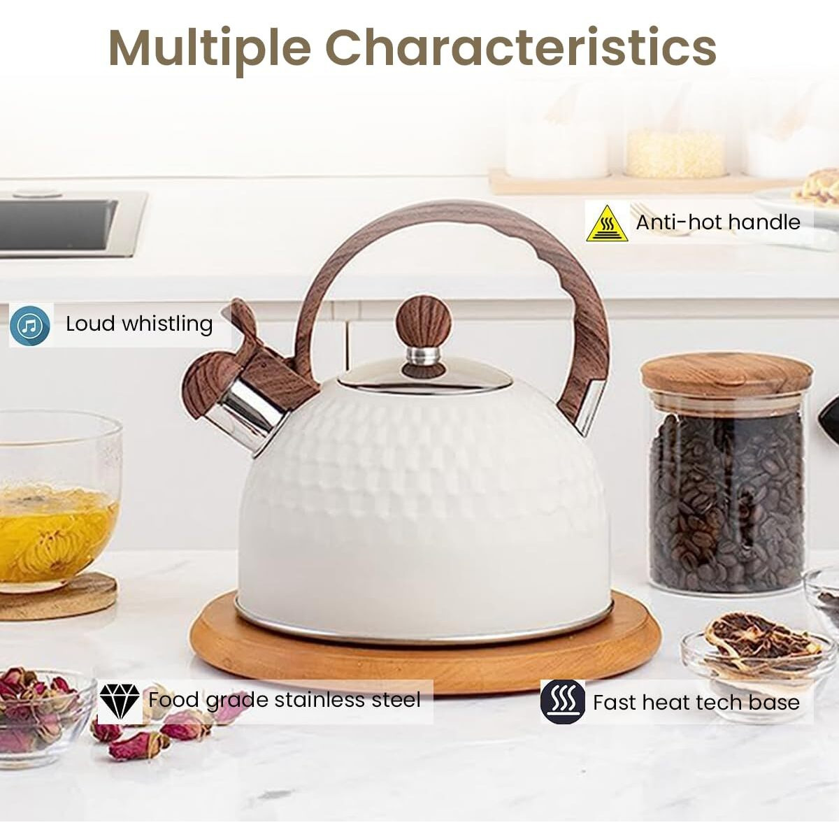 Supvox 2.5L Tea Kettle For Gas Stove And Induction Boiling Water Tea Pot Steel Kettle For Tea With High Pitch Whistle Anti Scald Handle Design Coffee Tea Pot For Kitchen Camping