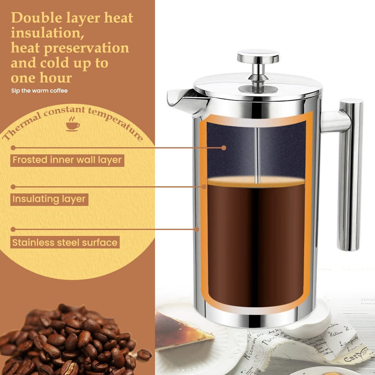 Hasthip French Press Coffee Maker 800Ml Double Insulated 304 Stainless Steel Coffee Maker With 4 Level Premium Filtration System, Rust-Free, Dishwasher Safe