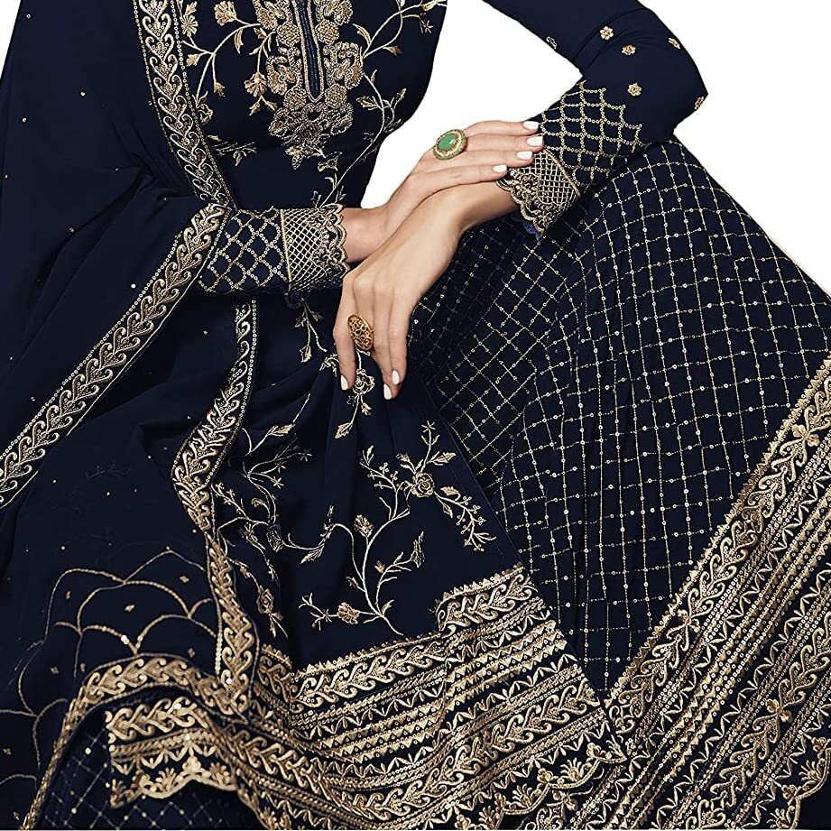 Miss Ethnik Black Faux Georgette Kurta Palazzo Set With Semi-Stitched Top, Stitched Bottom And Dupatta - Embroidered Straight Kurta Dress Material For Women's, Blue