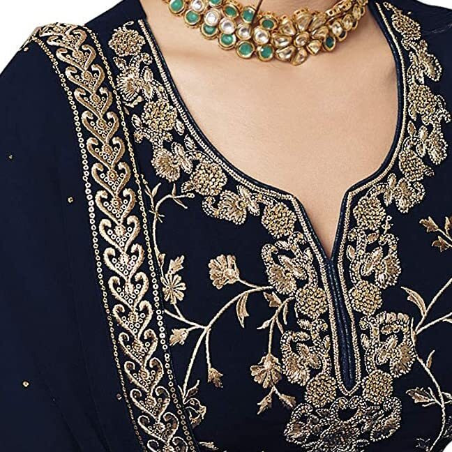 Miss Ethnik Black Faux Georgette Kurta Palazzo Set With Semi-Stitched Top, Stitched Bottom And Dupatta - Embroidered Straight Kurta Dress Material For Women's, Blue