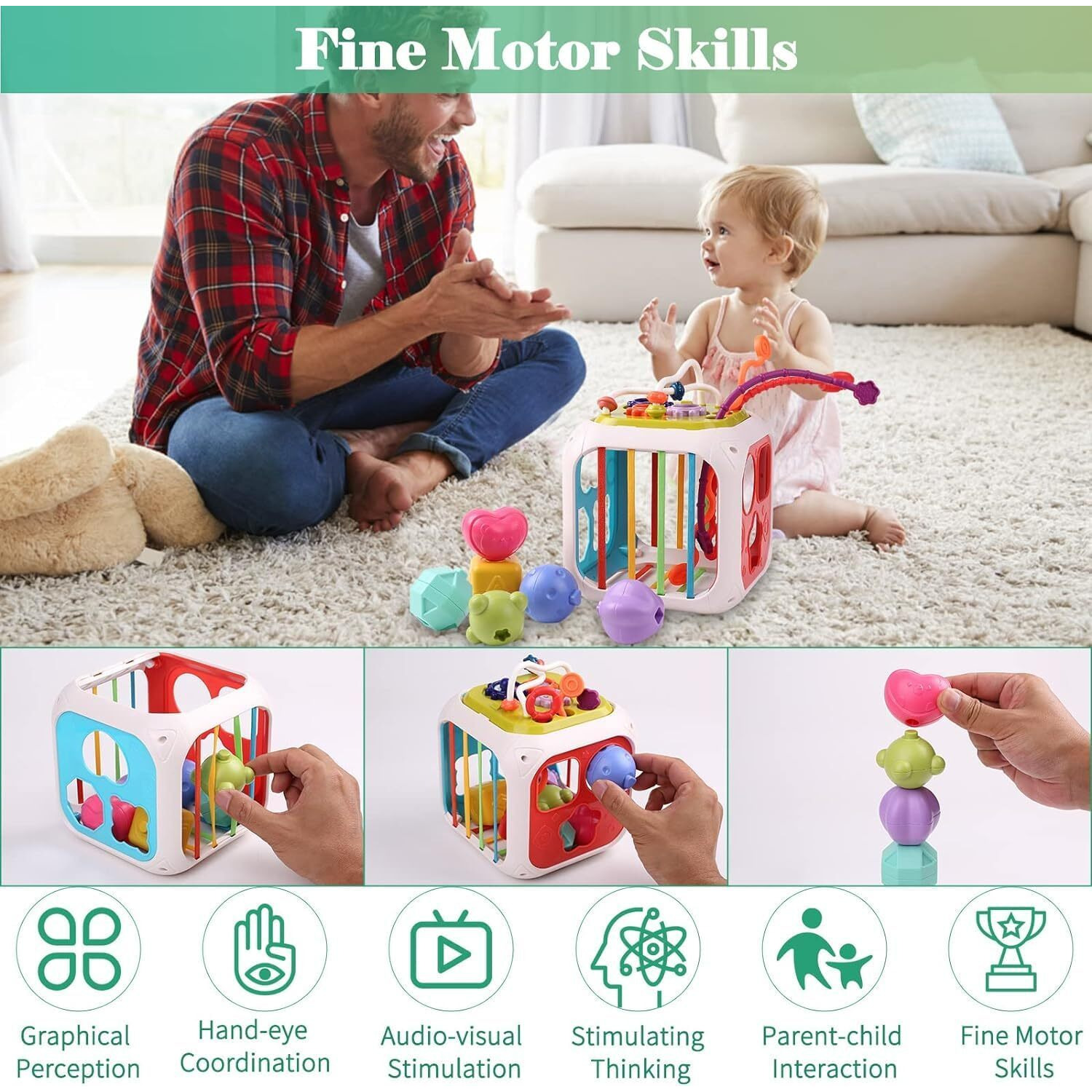Brand Conquer Montessori Toys 7 In 1 Baby Sensory Toys For Kids Educational Learning Shape Sorter Activity Stacking Baby Toys Interactive Toy Fine Motor Skill (7 In 1 Cube 668-62), Multicolor
