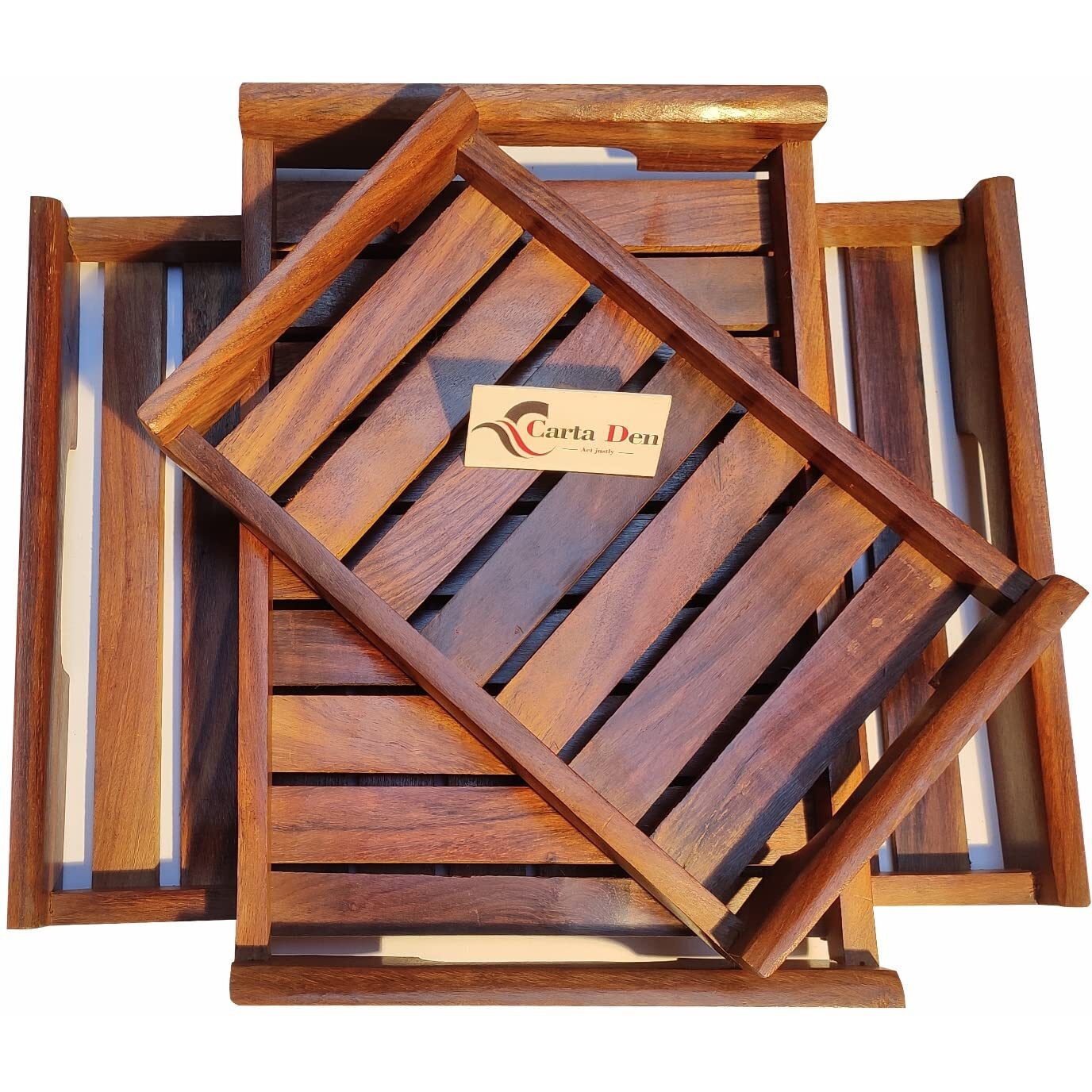 Cartaden Wooden Serving Trays Large Medium And Small, Nesting Multipurpose Trays - For Breakfast, Coffee Table/Butter & More (Cutout Handle Tray, Set Of 3) Rectangular