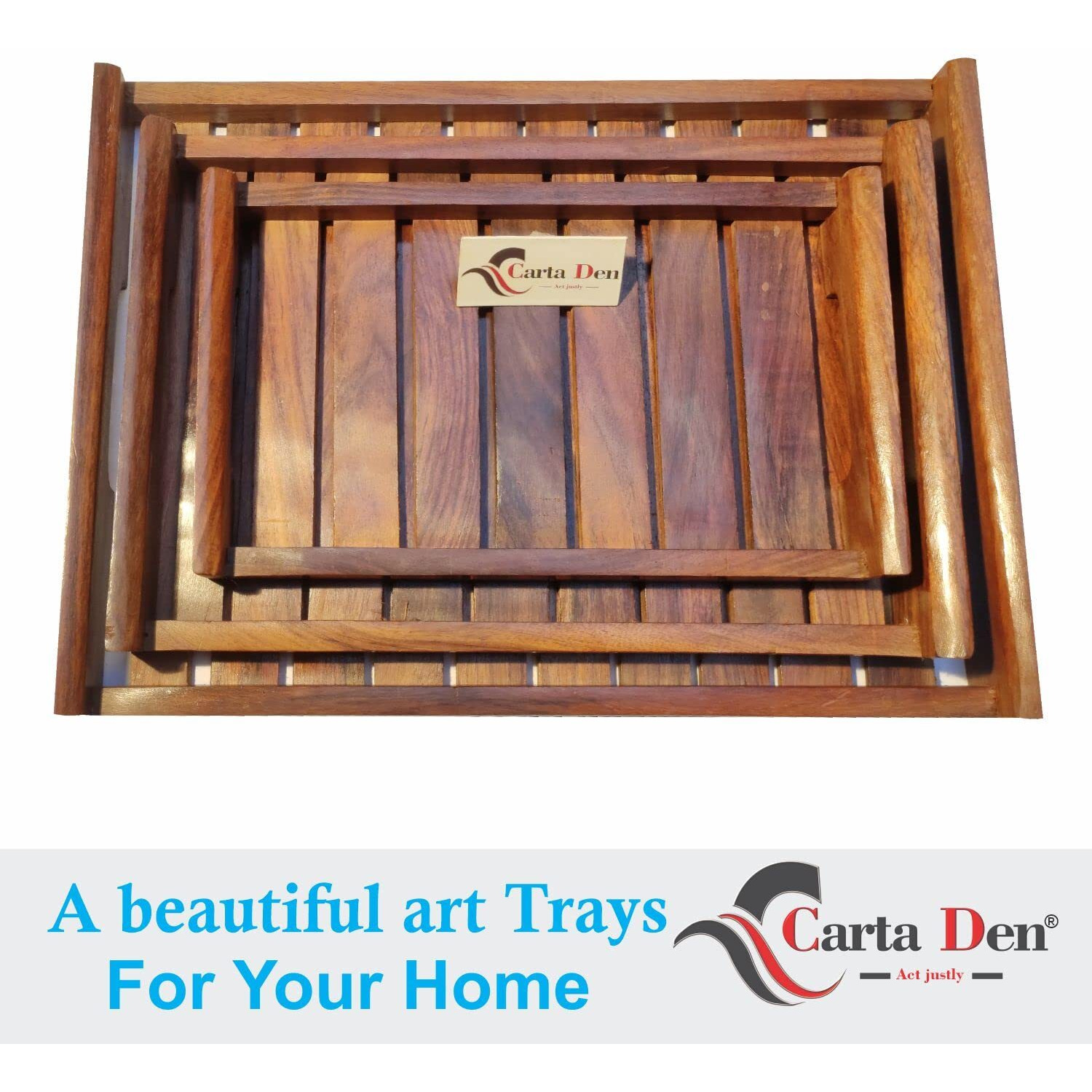 Cartaden Wooden Serving Trays Large Medium And Small, Nesting Multipurpose Trays - For Breakfast, Coffee Table/Butter & More (Cutout Handle Tray, Set Of 3) Rectangular