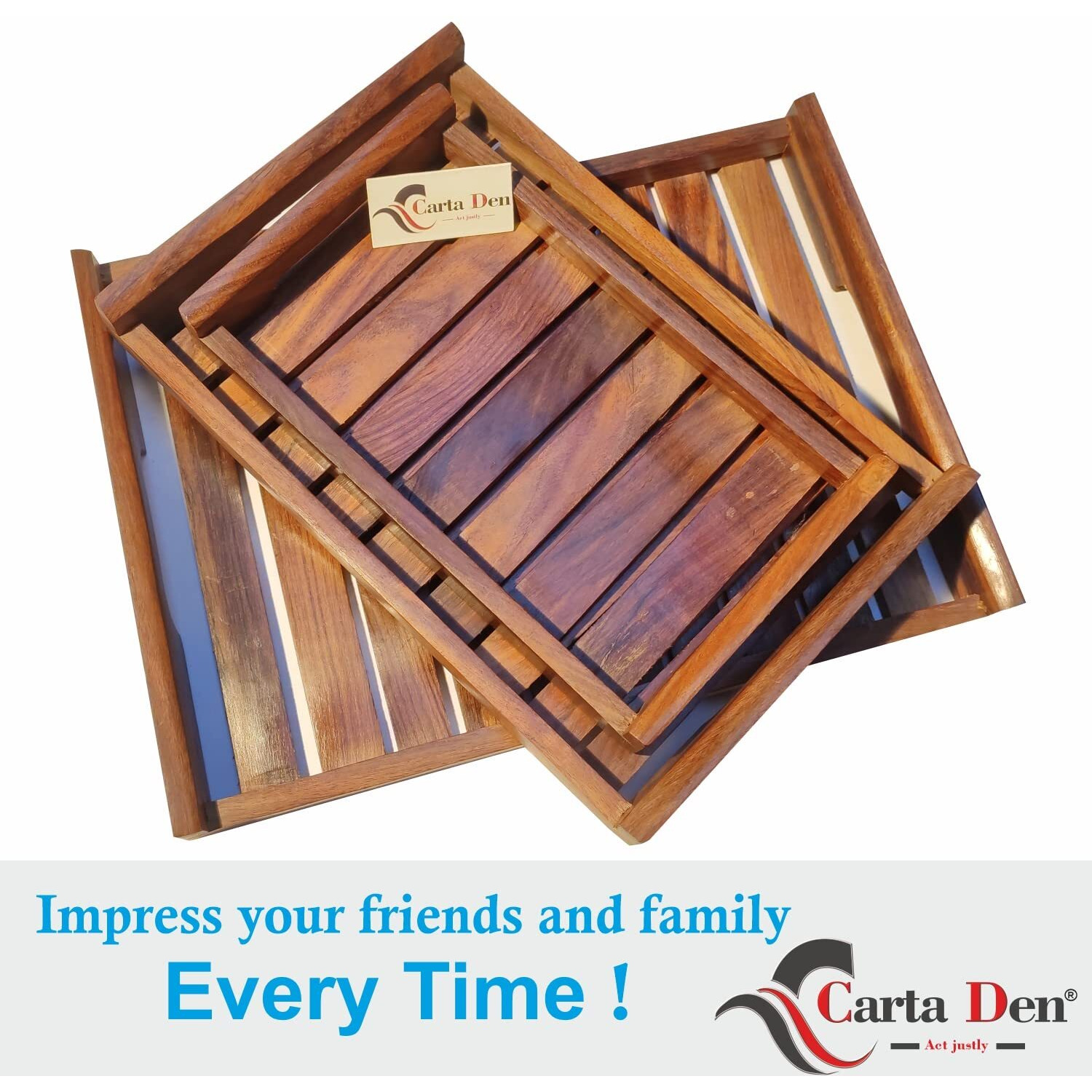 Cartaden Wooden Serving Trays Large Medium And Small, Nesting Multipurpose Trays - For Breakfast, Coffee Table/Butter & More (Cutout Handle Tray, Set Of 3) Rectangular