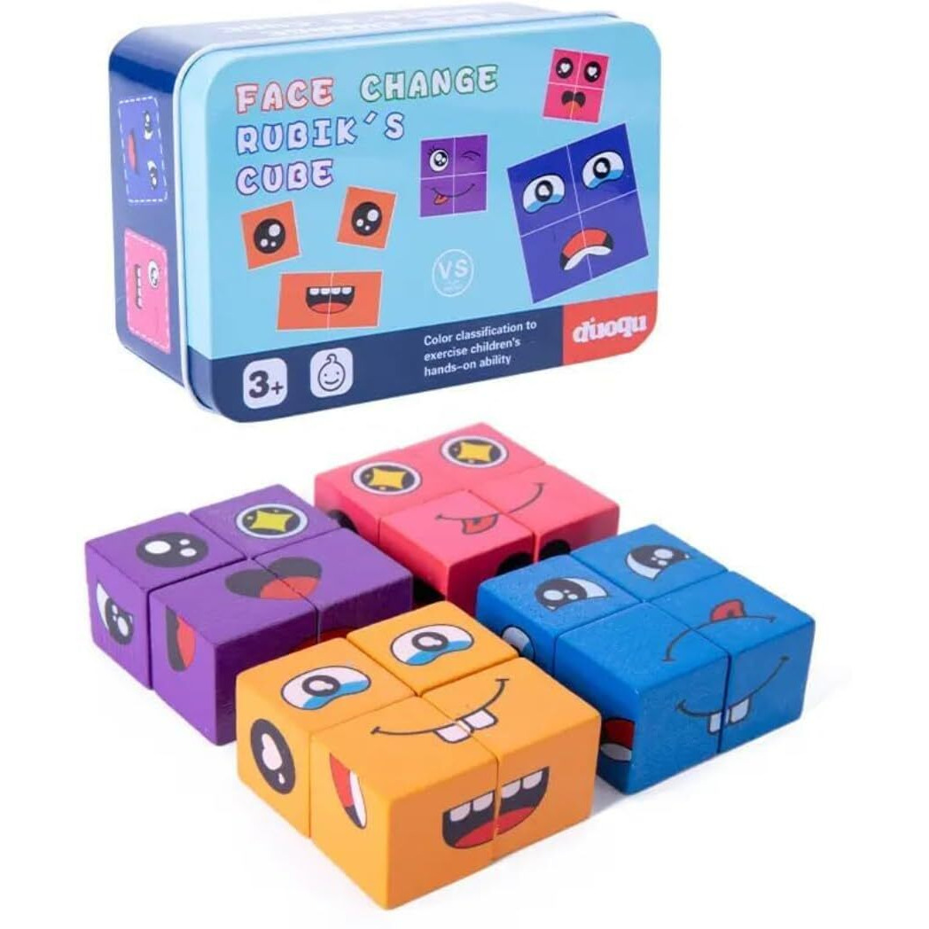 Pluspoint Wooden Emoji Face Changing Cube Puzzle Game Expressions Matching Block Puzzles Building Logical Educational Training Toys 16 Face Blocks & 72 Playing Cards Birthday Gift For Kids Boys Girls