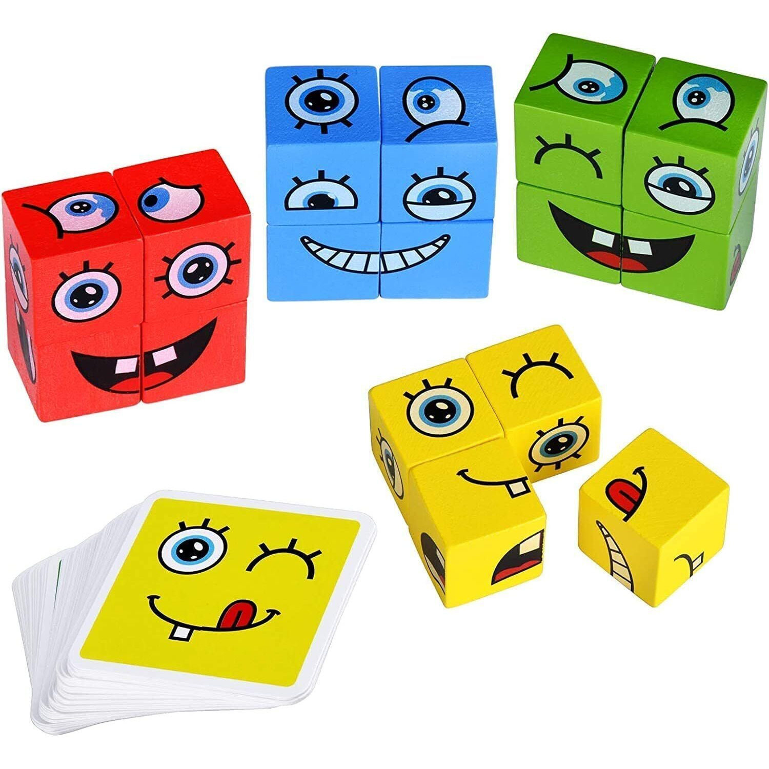 Pluspoint Wooden Emoji Face Changing Cube Puzzle Game Expressions Matching Block Puzzles Building Logical Educational Training Toys 16 Face Blocks & 72 Playing Cards Birthday Gift For Kids Boys Girls