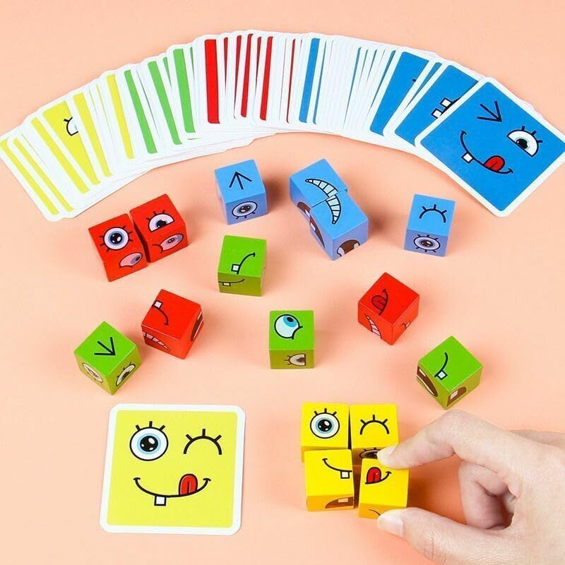 Pluspoint Wooden Emoji Face Changing Cube Puzzle Game Expressions Matching Block Puzzles Building Logical Educational Training Toys 16 Face Blocks & 72 Playing Cards Birthday Gift For Kids Boys Girls