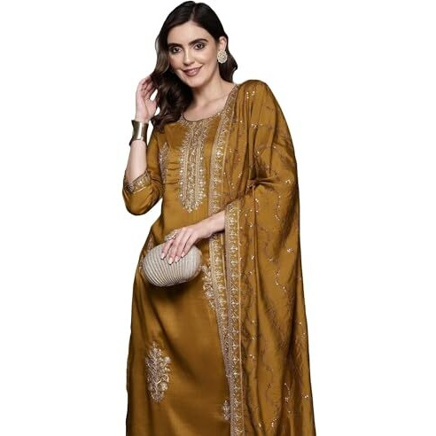 Indo Era Silk Blend Mustard Straight Embroidered Kurta & Pant With Dupatta Set For Women (Kh9Mt7107_Small, Regular Fit)