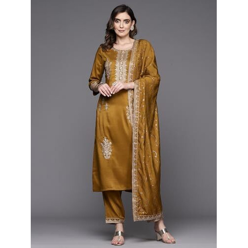 Indo Era Silk Blend Mustard Straight Embroidered Kurta & Pant With Dupatta Set For Women (Kh9Mt7107_Small, Regular Fit)