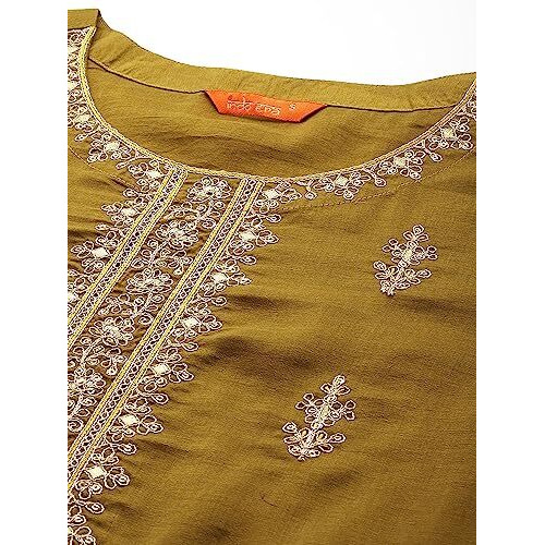 Indo Era Silk Blend Mustard Straight Embroidered Kurta & Pant With Dupatta Set For Women (Kh9Mt7107_Small, Regular Fit)