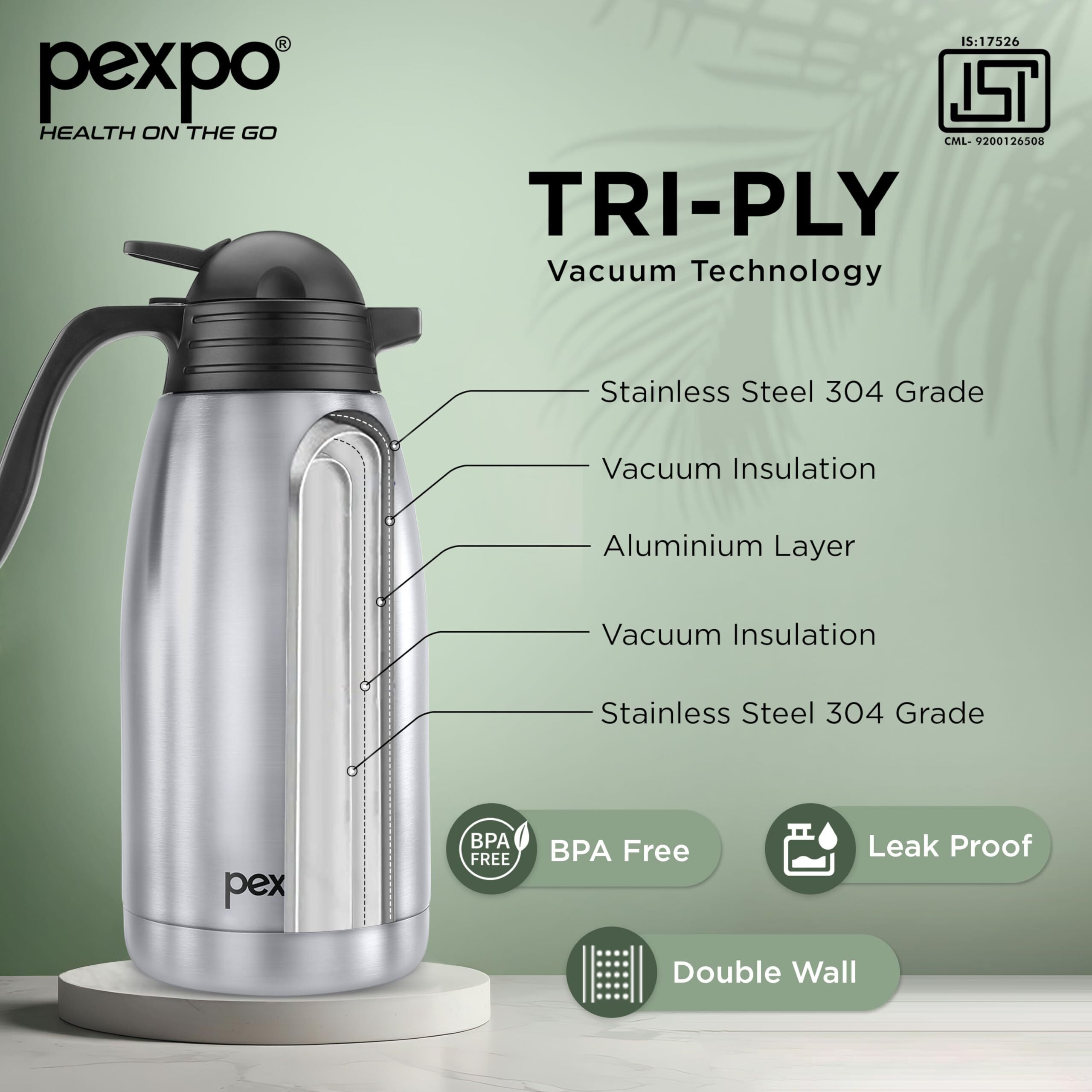 Pexpo Cosmo Pro Stainless Steel Thermal Carafe |2000Ml,Silver | Double Walled Vacuum Insualted With Lid - Coffee/Tea Carafe Heat & Cold Retention| Rcb Edition