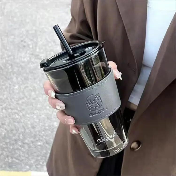 Kikiluxxa Glass Travel Sipper Tumbler Mug With Straw And Lid - 400Ml-Pack Of 1 - Tea And Coffee Fruit Juice Milk Cup With Straw (Knees)