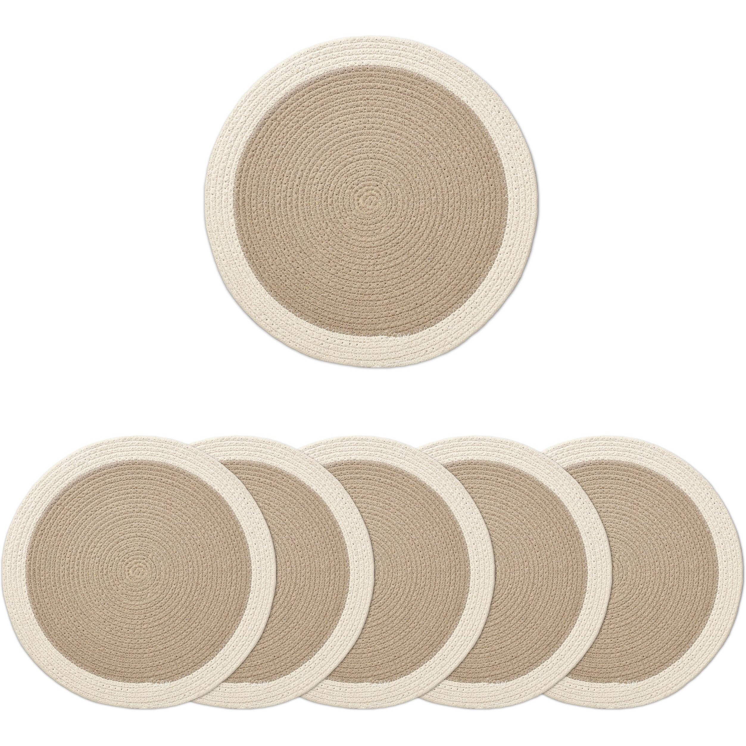 Encasa Xo Dining Table Mats Set Of 6 | Cotton Round Placemat - 33 Cm Diameter | Beige & Off White | Handmade Rib Style