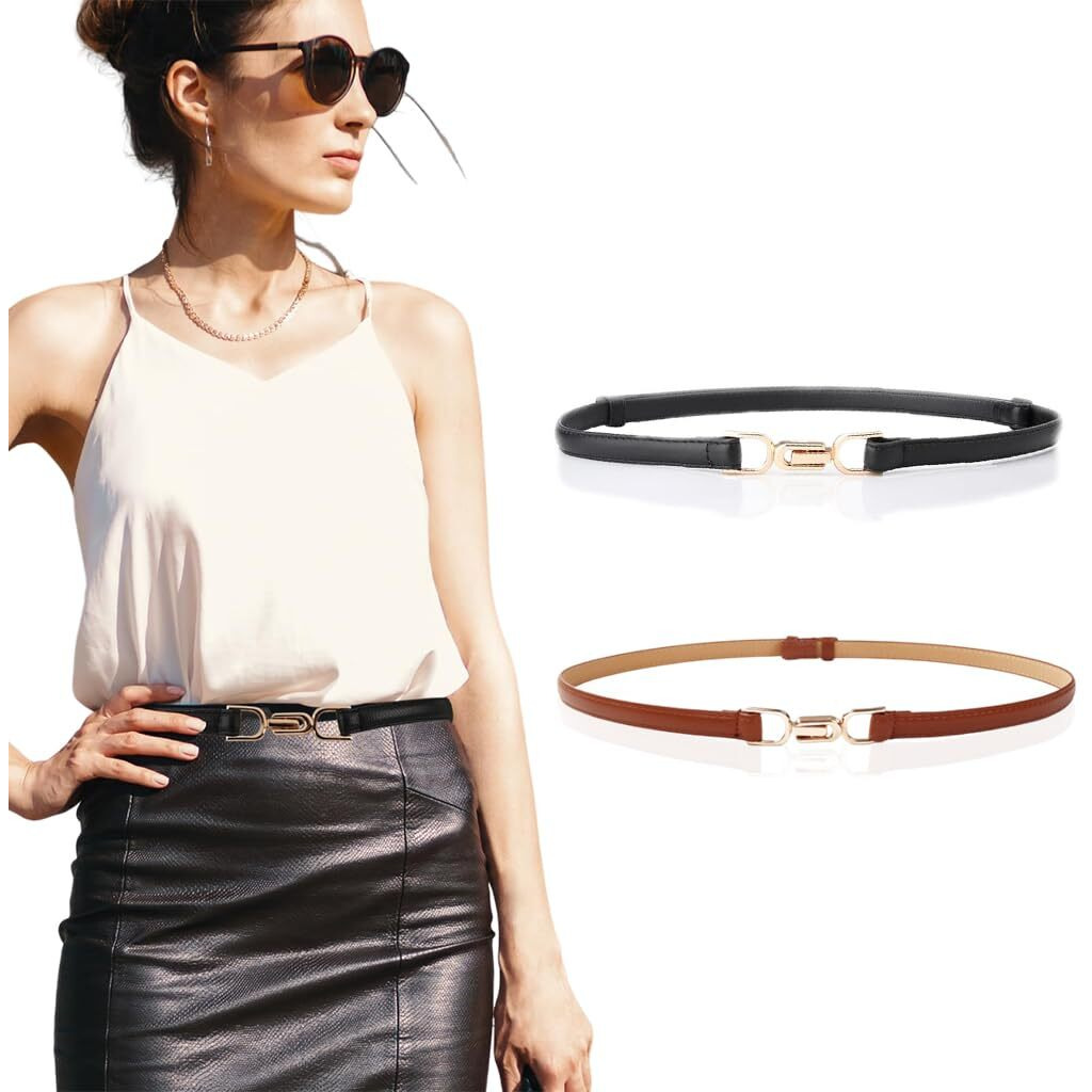 Palay 2Pcs Waist Belt For Women Belts For Dress Fashion Slim Dress Belts For Women Pu Leather Ladies Waistband With Metal Buckle Closure For Shirt Blouse Blazer (Black & Brown)