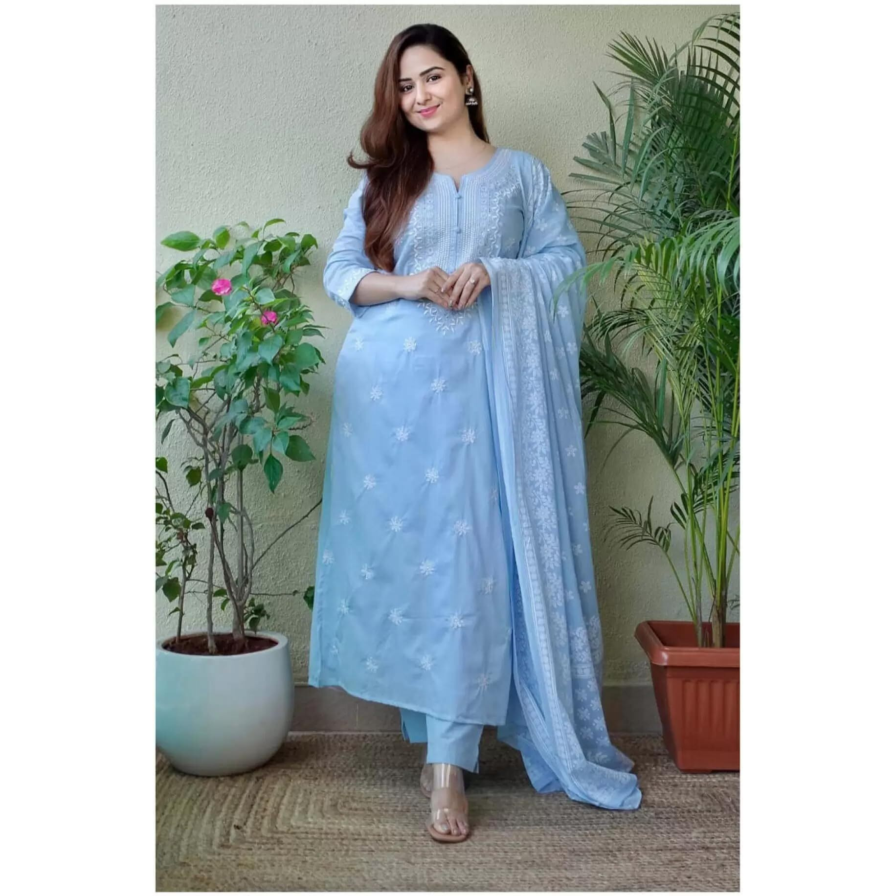 Royal Export Women's Viscose Floral Embroidered Straight Kurta Pant With Dupatta (Rx53_Sky Blue_Xl)