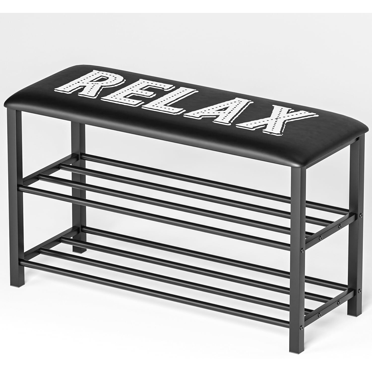 Lukzer Shoe Rack With Padded Cushion Seat | 2-Tier Metal Footwear Organizer | Relax Print Design | Space-Saving Storage For Entryway, Bedroom & Hallway (80X48X30Cm, Black)