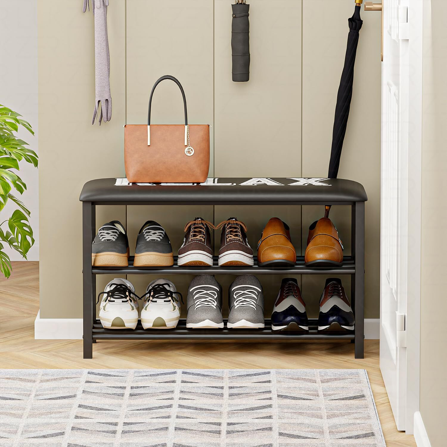 Lukzer Shoe Rack With Padded Cushion Seat | 2-Tier Metal Footwear Organizer | Relax Print Design | Space-Saving Storage For Entryway, Bedroom & Hallway (80X48X30Cm, Black)