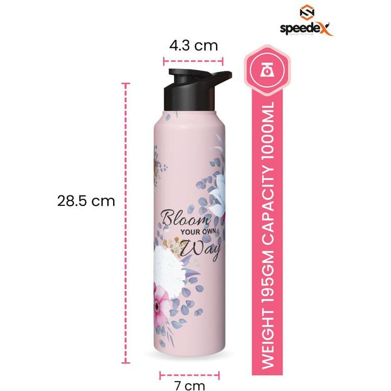 Speedex Water Bottle 1 Ltr, Pink Blossom, Stainless Steel Sipper Bottles For Girls, Boys, Adults & Kids, Gym, Sports, Fridge Use, Perfect For School & Office - Single Bottle Set, 1000 Ml
