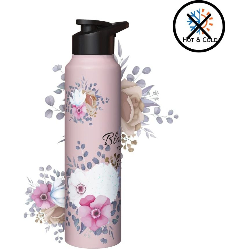 Speedex Water Bottle 1 Ltr, Pink Blossom, Stainless Steel Sipper Bottles For Girls, Boys, Adults & Kids, Gym, Sports, Fridge Use, Perfect For School & Office - Single Bottle Set, 1000 Ml