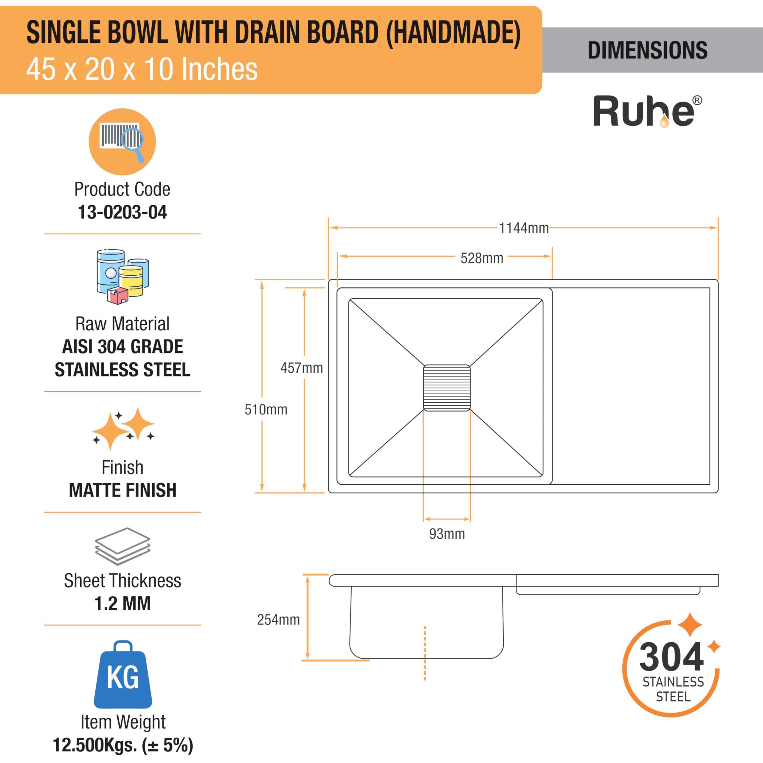 Ruhe Handmade Single Bowl 45X20X10 Inches Kitchen Sink With Drainboard | 304-Grade Stainless Steel Kitchen Sink With Matte Finish | Including Strainer-Basket/Sink Coupling & Waste Pipe