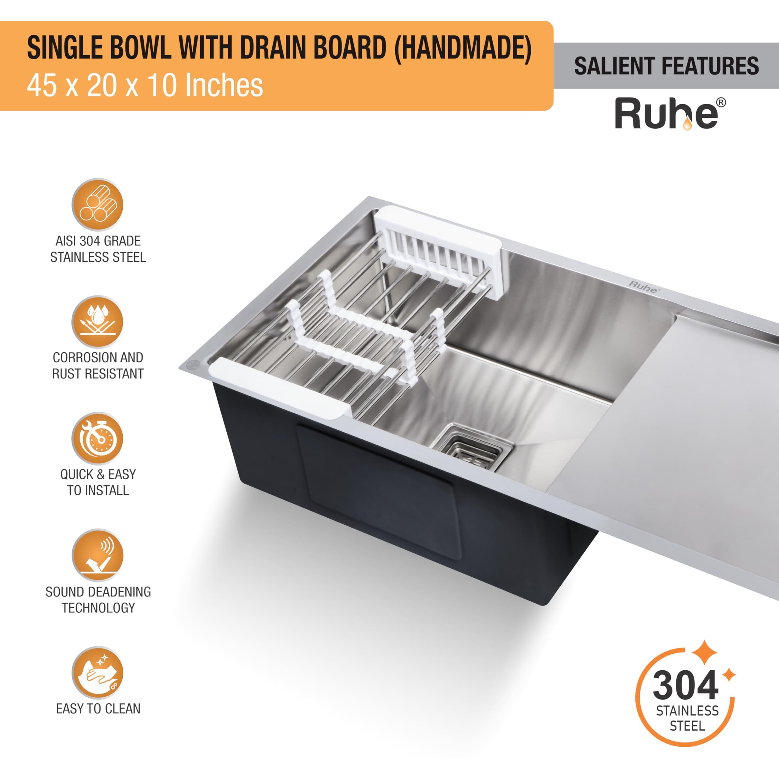 Ruhe Handmade Single Bowl 45X20X10 Inches Kitchen Sink With Drainboard | 304-Grade Stainless Steel Kitchen Sink With Matte Finish | Including Strainer-Basket/Sink Coupling & Waste Pipe