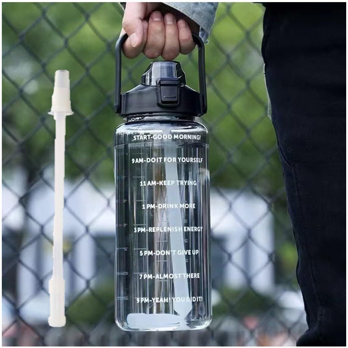 Glivary Plastic 2 L Capacity Transparent Motivational Water Bottles With Leak Proof & Break-Proof For Office/School/College/Gym/Travel Bottle | Fitness Sports Bottle(2 Liter) (Black)