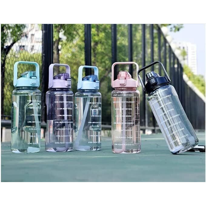 Glivary Plastic 2 L Capacity Transparent Motivational Water Bottles With Leak Proof & Break-Proof For Office/School/College/Gym/Travel Bottle | Fitness Sports Bottle(2 Liter) (Black)