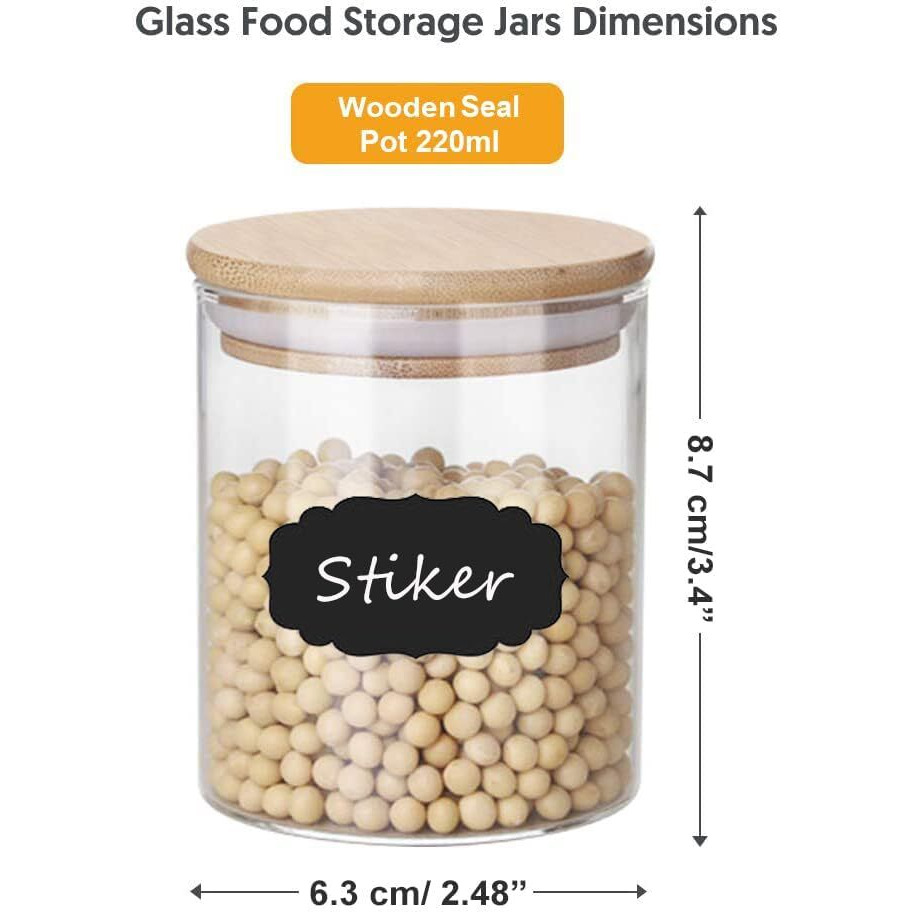 Brezzycloud 12 Set Glass Jars Set With Bamboo Airtight Lid And Lable,Spice Storage Container With Wooden Lid,Airtight Canister Jar For Kitchen ,Coffee,Beans,Candy,Nuts,Herbs (Set Of 12,220Ml),Clear