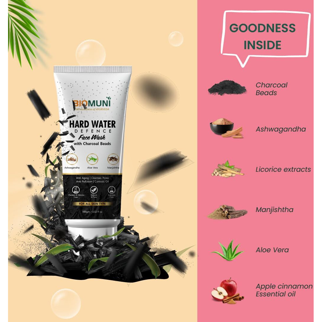 Biomuni Natural And Ayurvedic Hard Water Defence Face Wash 100 Ml | Anti Acne Skin Brightening Face Wash | Sulphate Paraben Silicone Free | Moisturise, Oil Control, Anti-Pollution. With Ashwagandha, Activated Charcoal, Aloe Vera, Manjishtha, Licorice, Apple Cinnamon. For Men, Women And Kids. For All Skin Types.