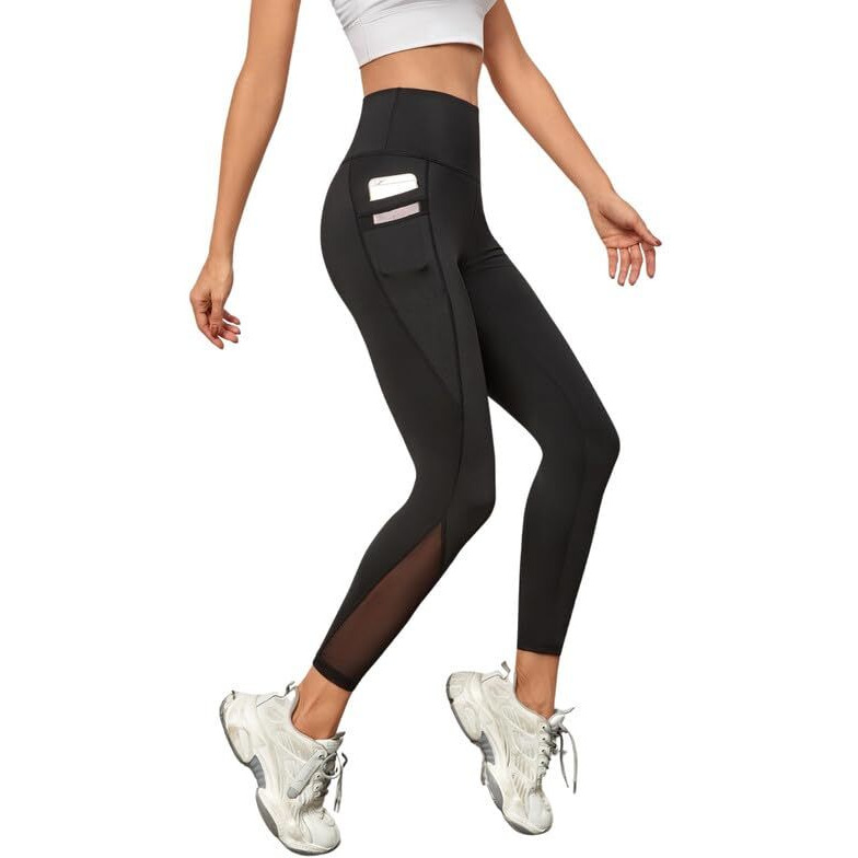 Blinkin Gym Wear Mesh Leggings Workout Pants With Side Pockets/Stretchable Tights/Highwaist Sports Fitness Yoga Track Pants For Women & Girls_2012 (Color_Black,Size_3Xl)