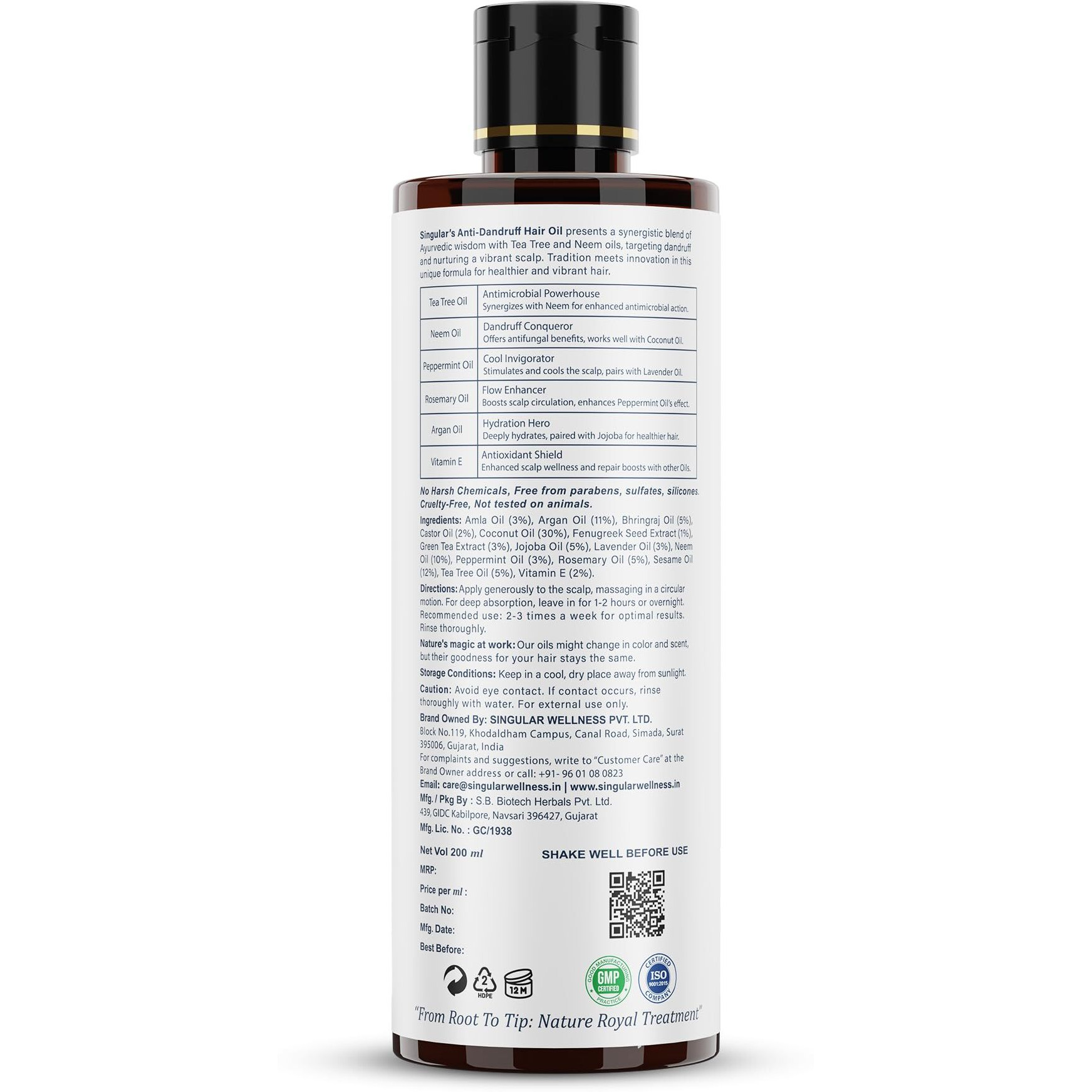 Singular Anti Dandruff Hair Oil For Men & Women - Pure & Natural Cold Pressed Hair Oil For Dandruff And Hairfall For Scalp Microbiome Balance With Tea Tree, Peppermint & More Hair Oil - 200 Ml