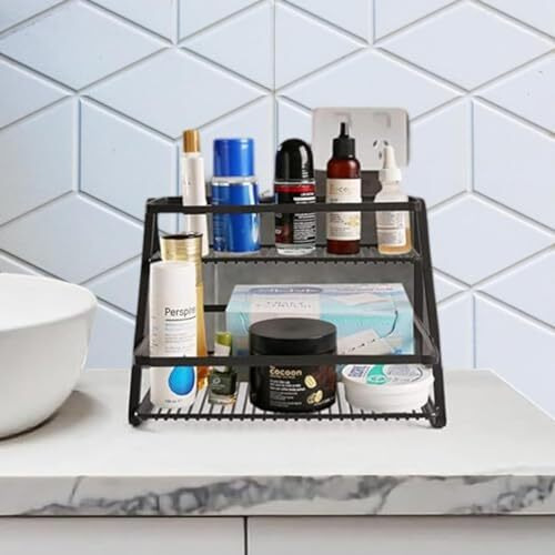Go Hooked Vanity Rack Organizer For Cabinet Storage | Organizer For Bathroom, Countertop | Coffee Bar Cabinet And Closet | 2 Tiers No Assembly Required Black