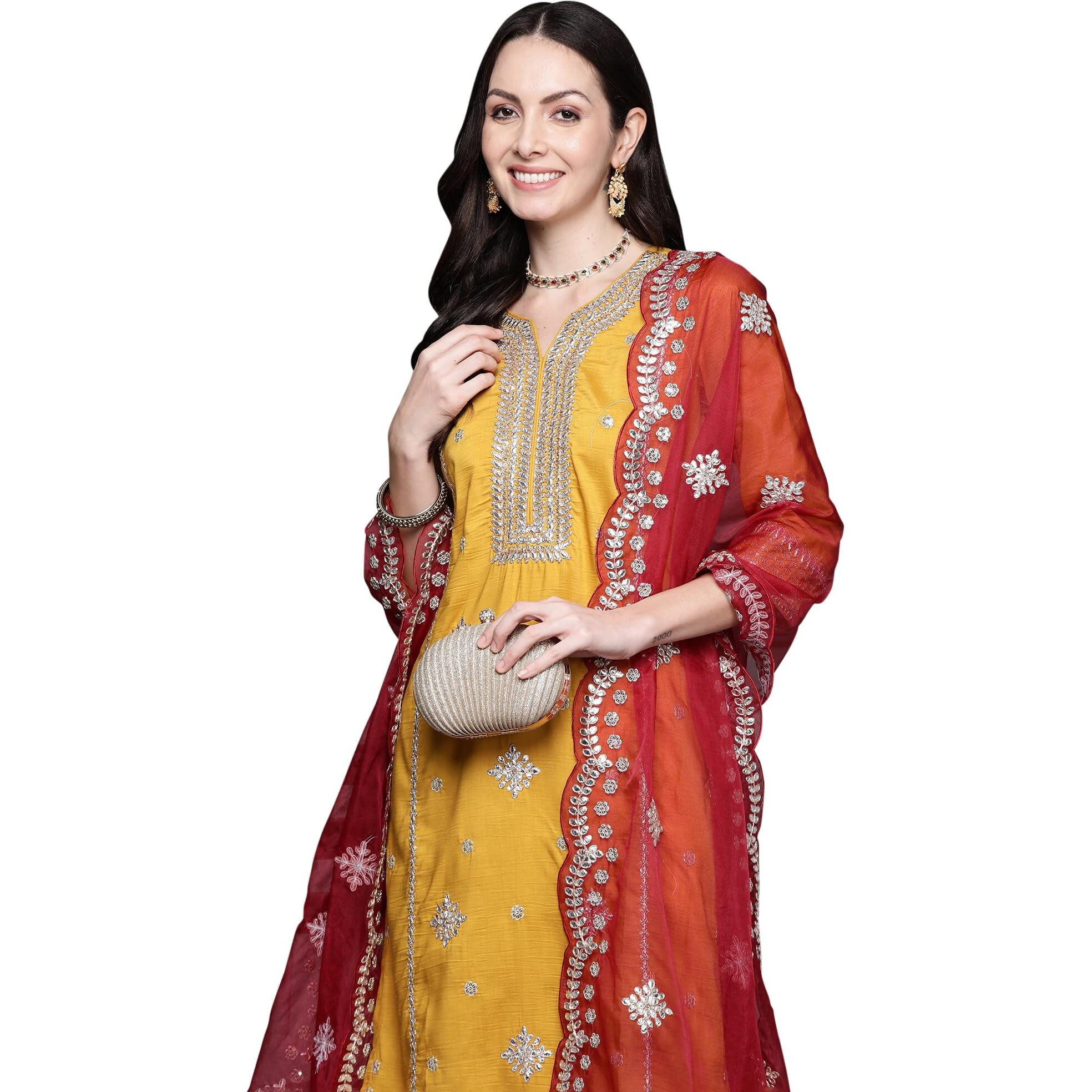 Indo Era Women's Mustard Embroidered Poly Silk Kurta Trouser With Dupatta Set (Kh9Mt7250_Large)