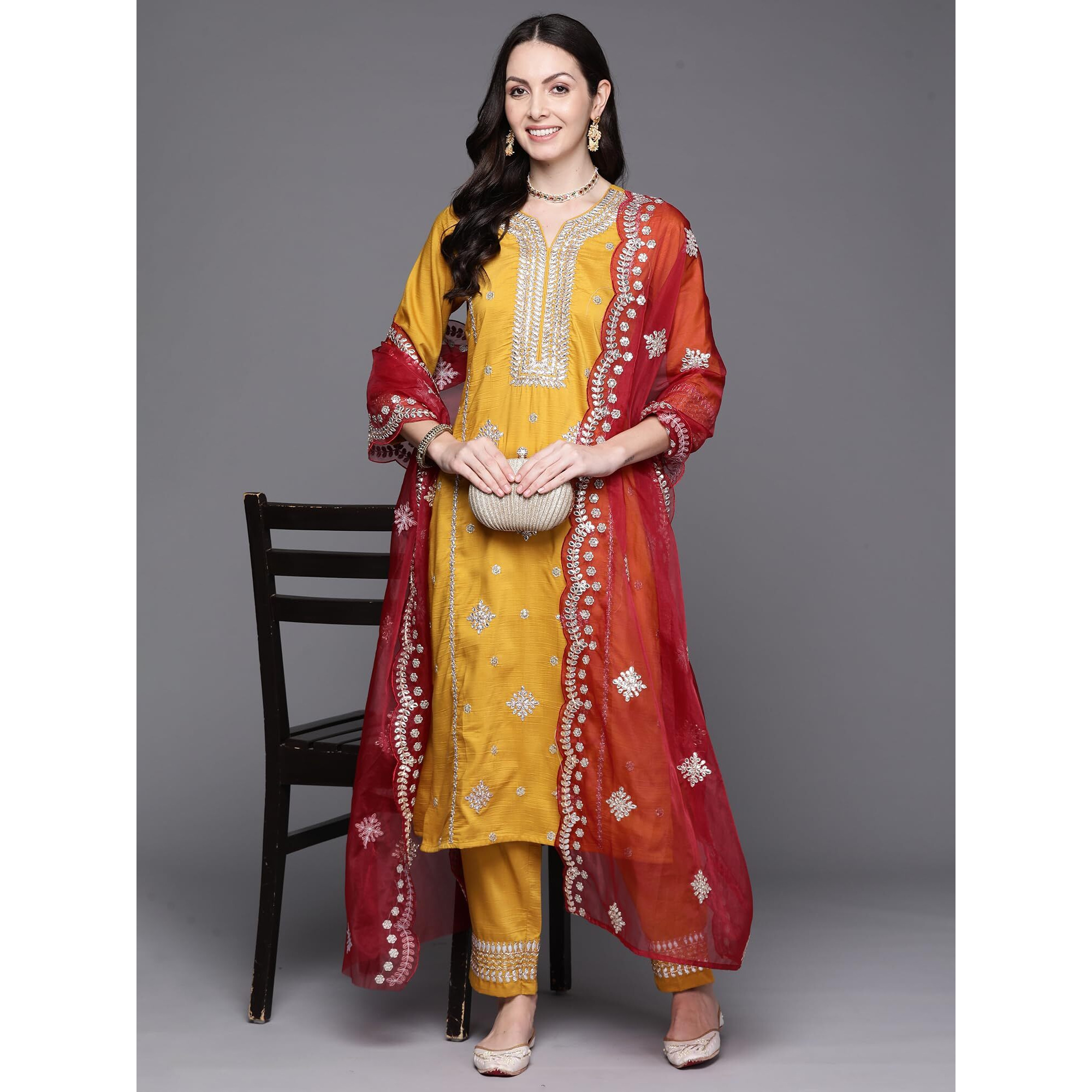 Indo Era Women's Mustard Embroidered Poly Silk Kurta Trouser With Dupatta Set (Kh9Mt7250_Large)