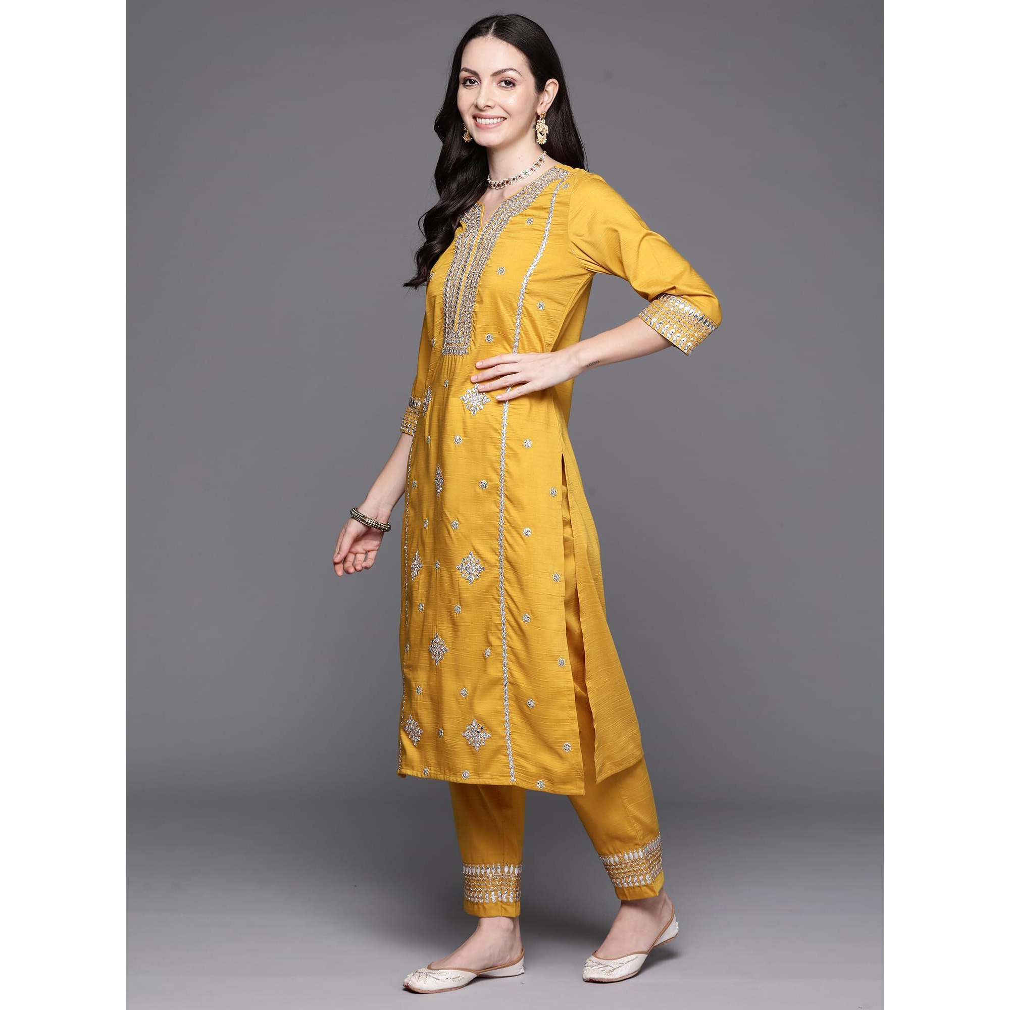 Indo Era Women's Mustard Embroidered Poly Silk Kurta Trouser With Dupatta Set (Kh9Mt7250_Large)
